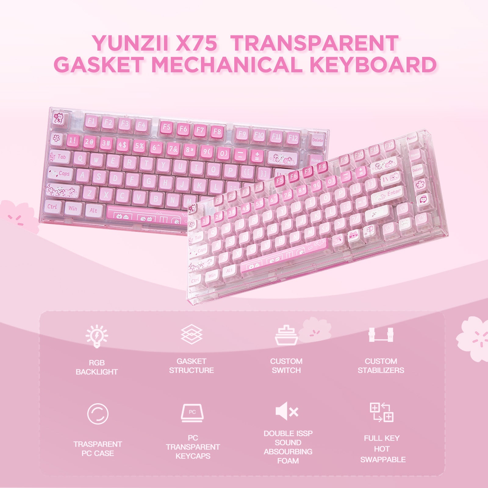 YUNZII X75/X75 PRO Pink 82 Keys Hot Swappable Gasket Transparent Mechanical Keyboard