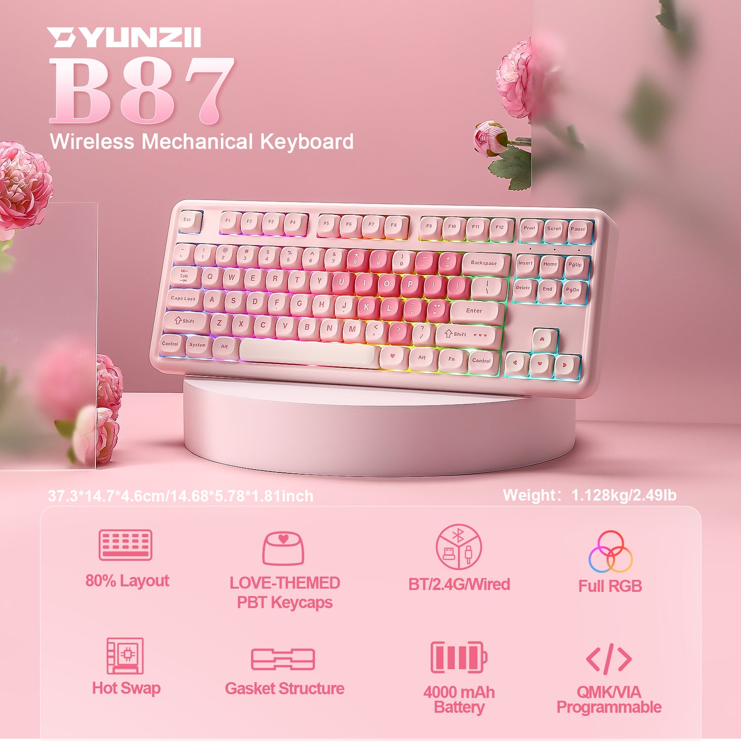 YUNZII B87 Pink QMK/VIA Custom Mechanical Keyboard