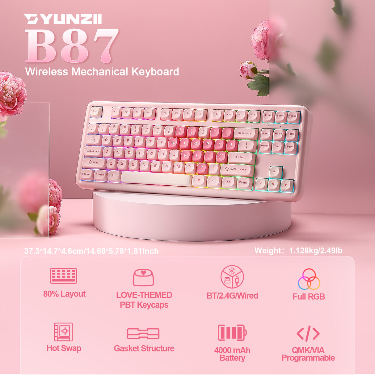 YUNZII B87 Pink QMK/VIA Custom Mechanical Keyboard