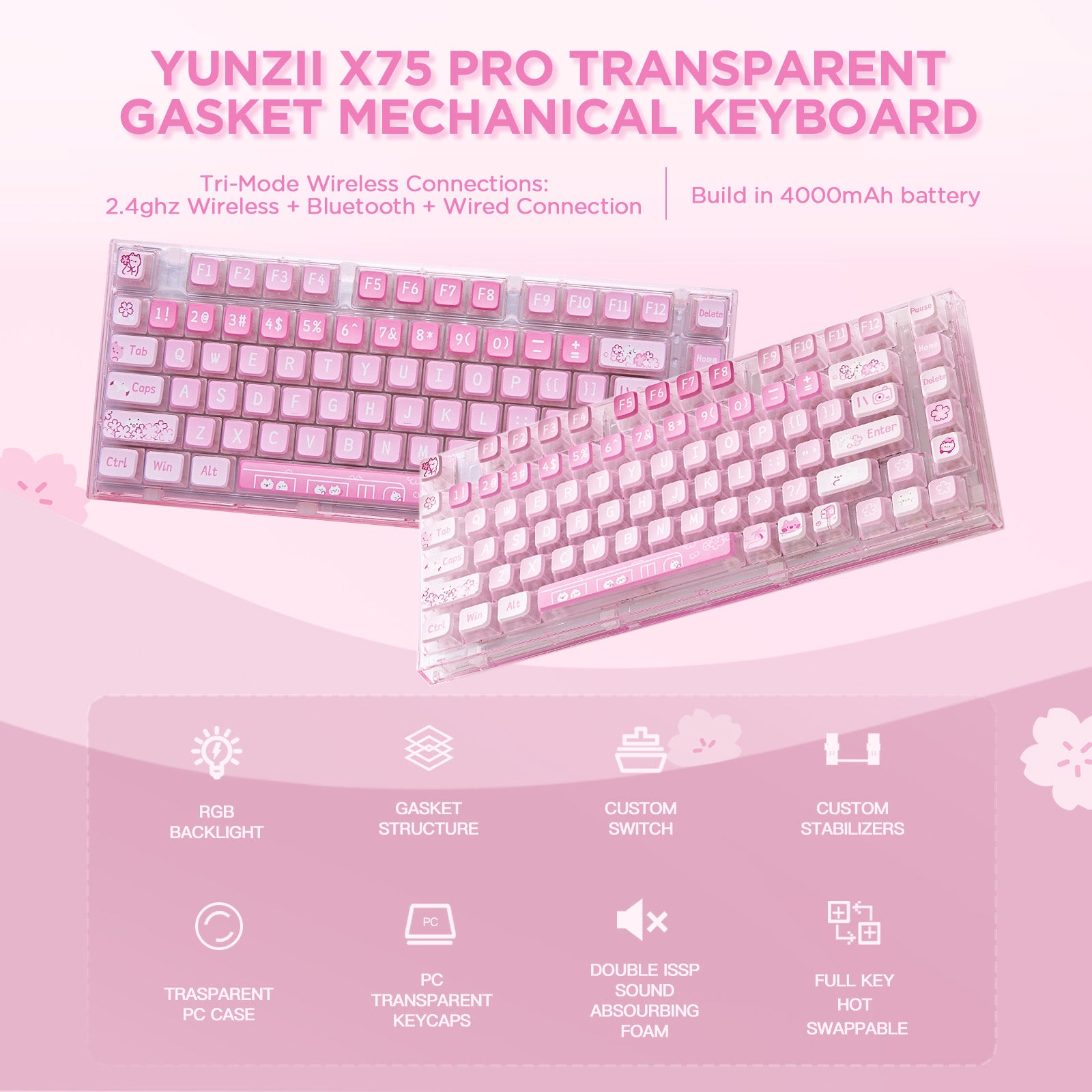 YUNZII X75/X75 PRO Pink 82 Keys Hot Swappable Gasket Transparent Mechanical Keyboard