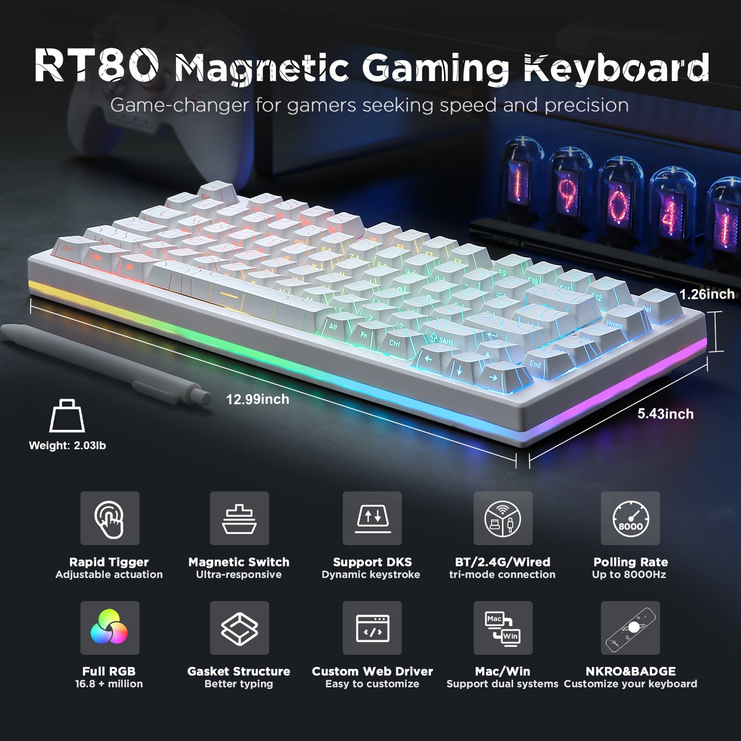 YUNZII RT80 White Line Rapid Trigger 8K Magnetic Keyboard