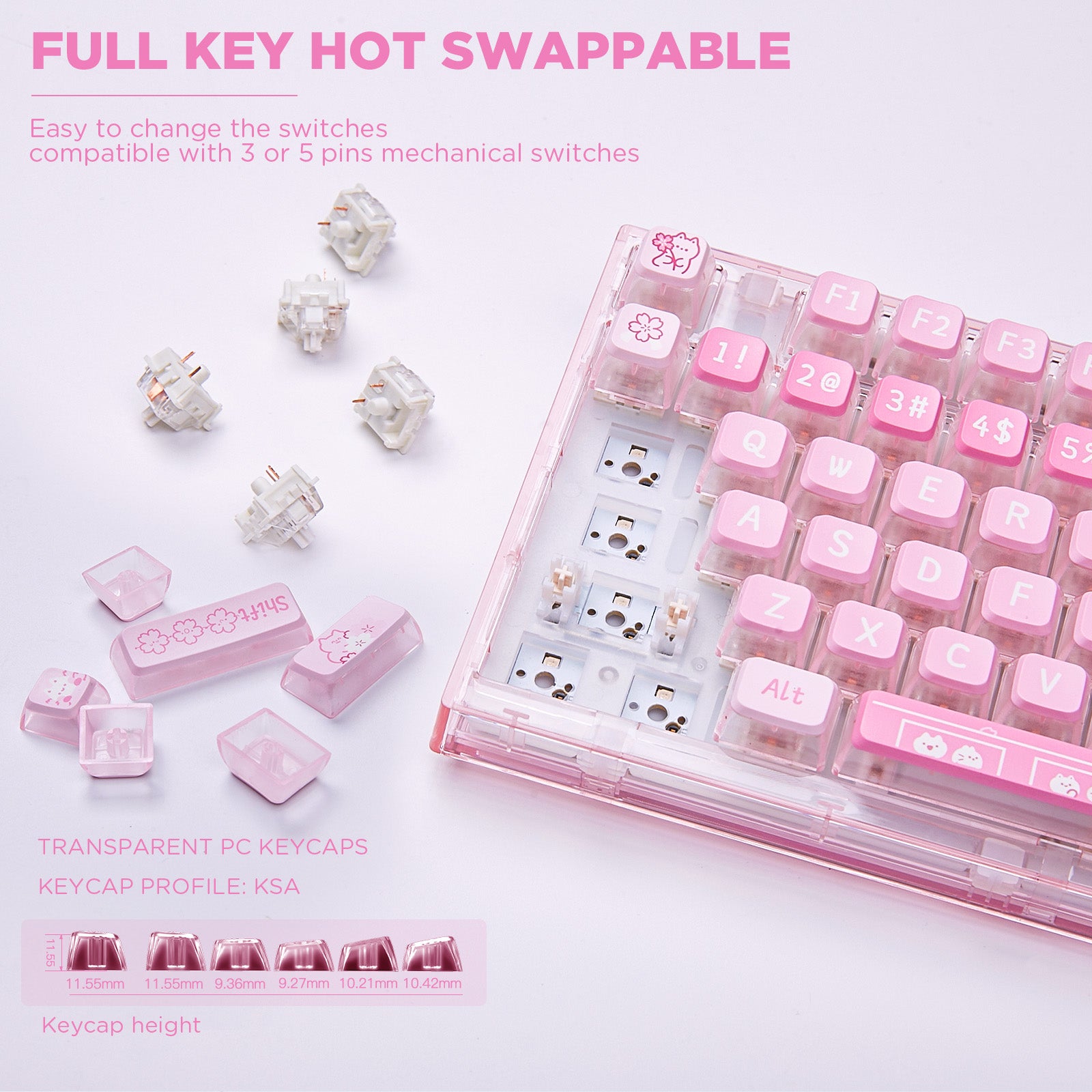 YUNZII X75/X75 PRO Pink 82 Keys Hot Swappable Gasket Transparent Mechanical Keyboard