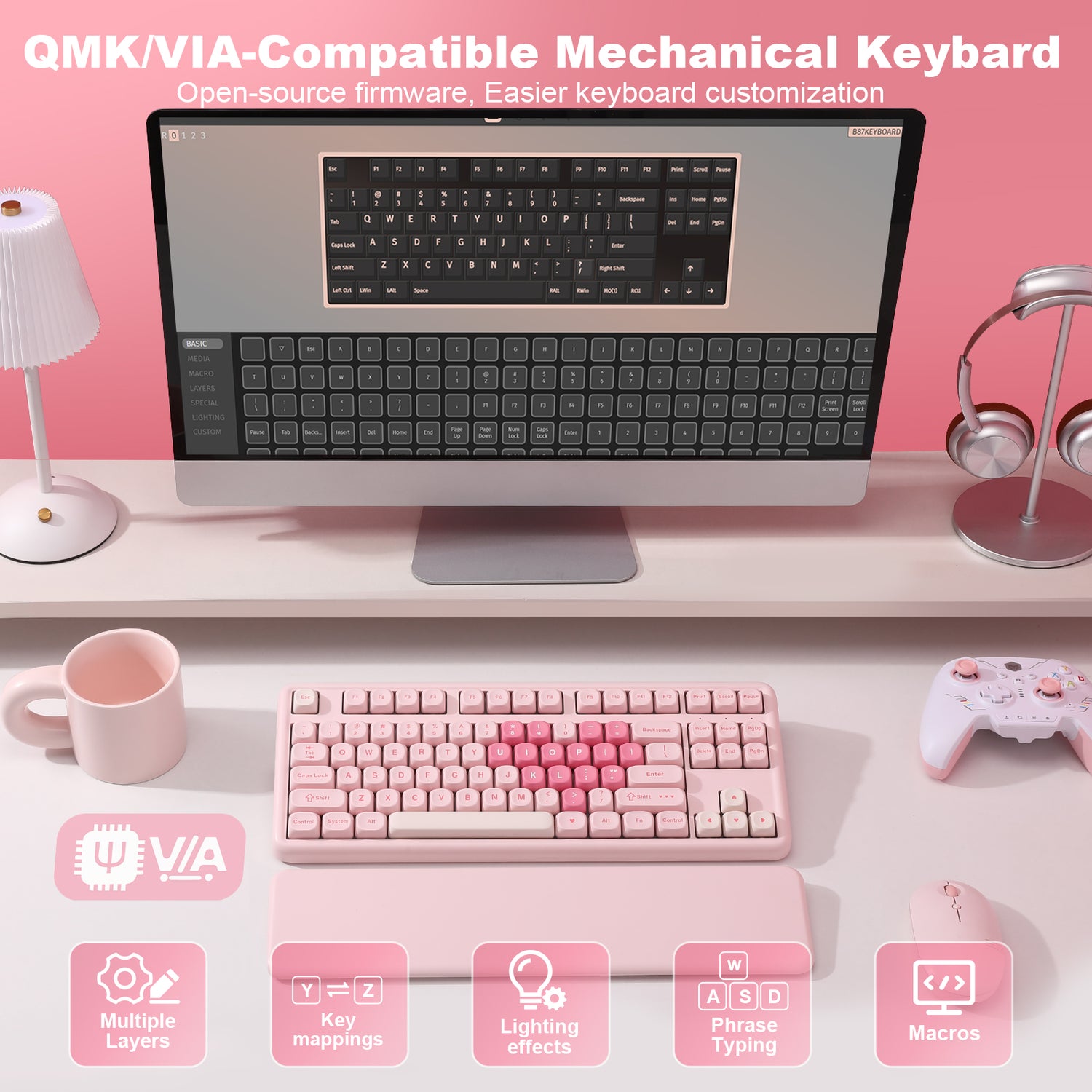 YUNZII B87 Pink QMK/VIA Custom Mechanical Keyboard