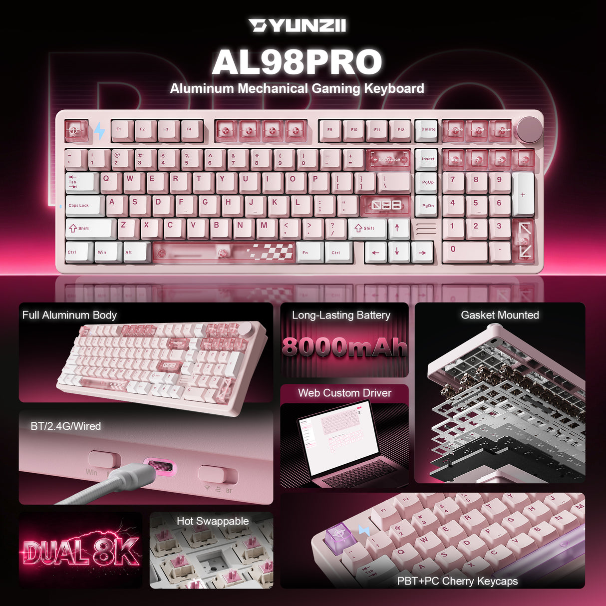 YUNZII AL98 PRO Dual-8K Wireless Aluminum Mechanical Keyboard