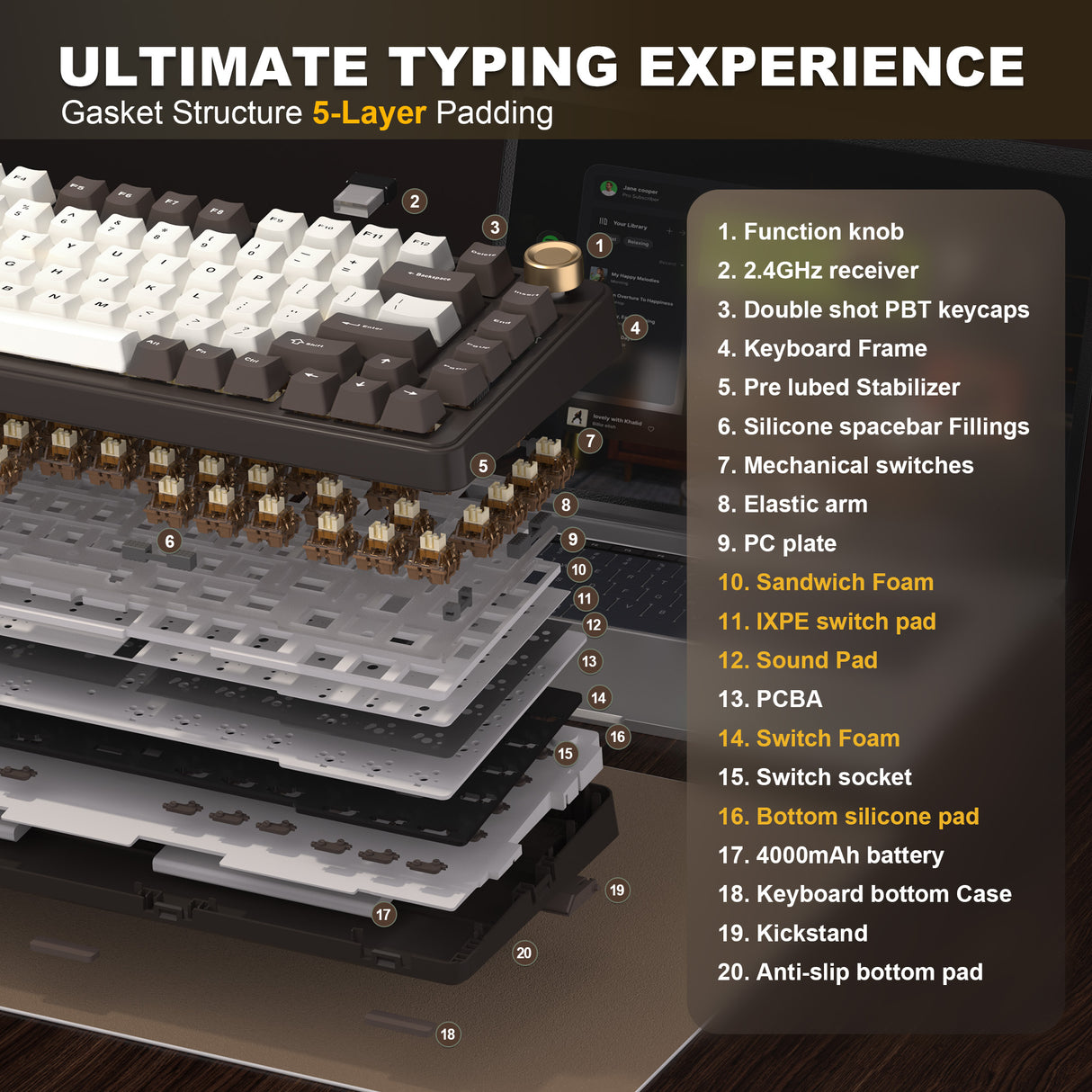 YUNZII B75 Pro Coffee Brown Wireless Mechanical Keyboard