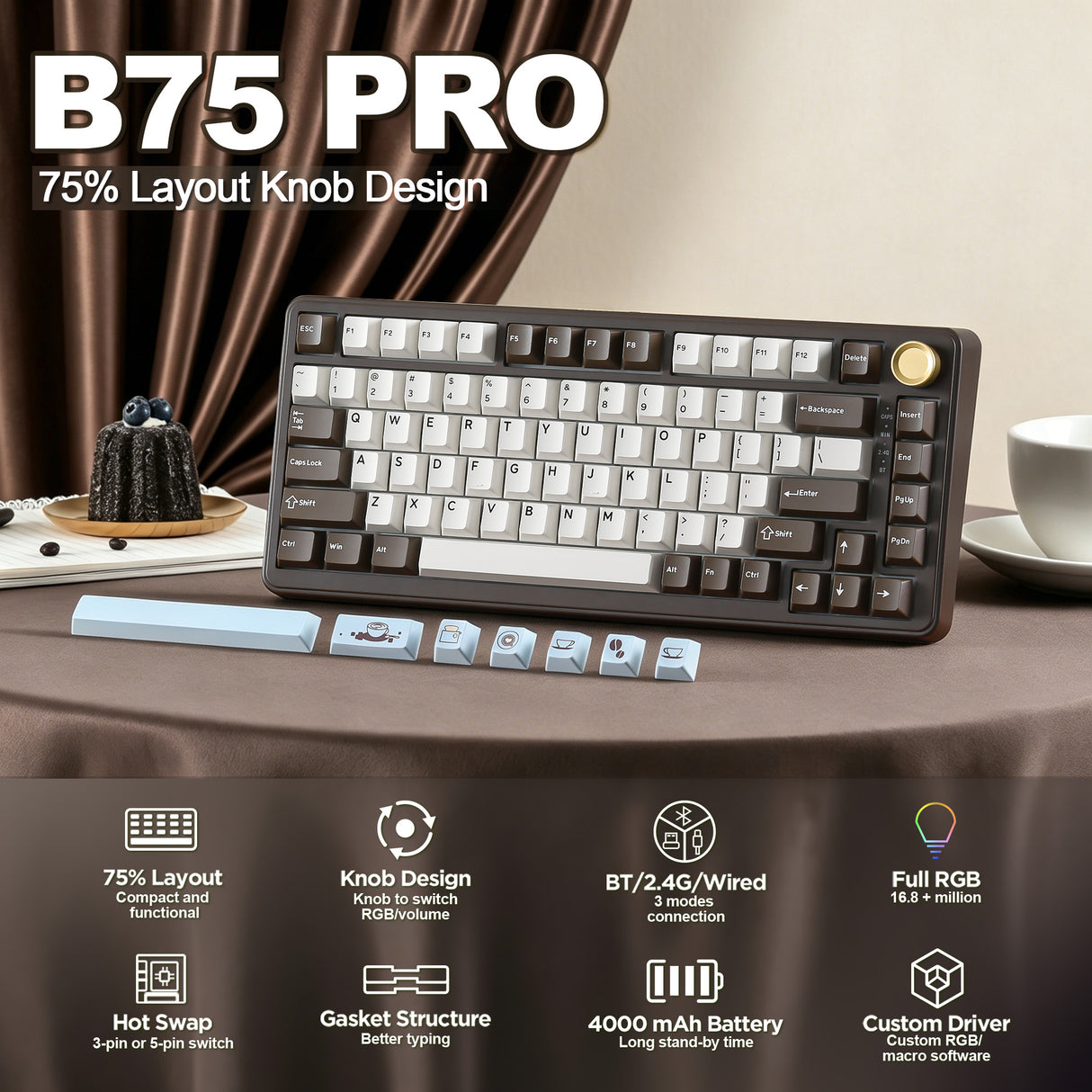 YUNZII B75 Pro Coffee Brown Wireless Mechanical Keyboard