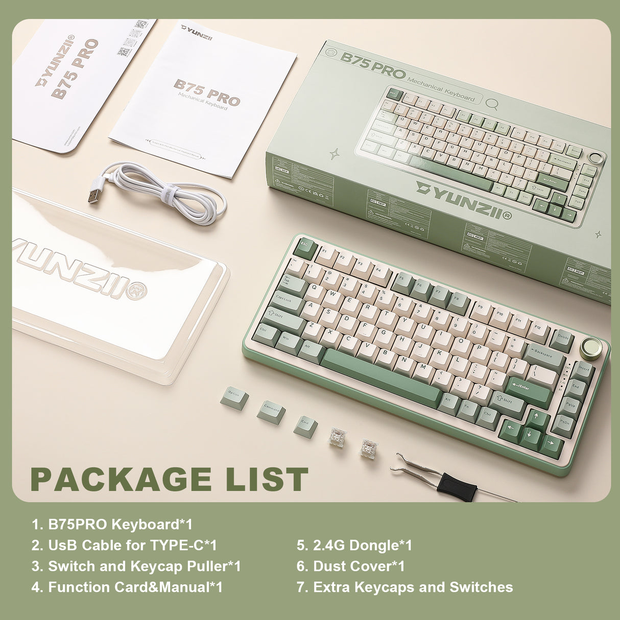 YUNZII B75 Pro Green Wireless Mechanical Keyboard