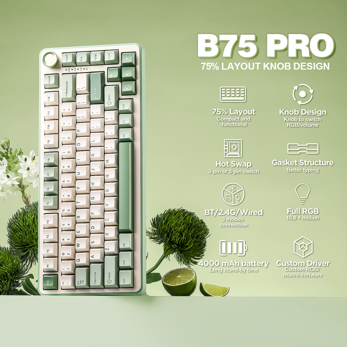 YUNZII B75 Pro Green Wireless Mechanical Keyboard