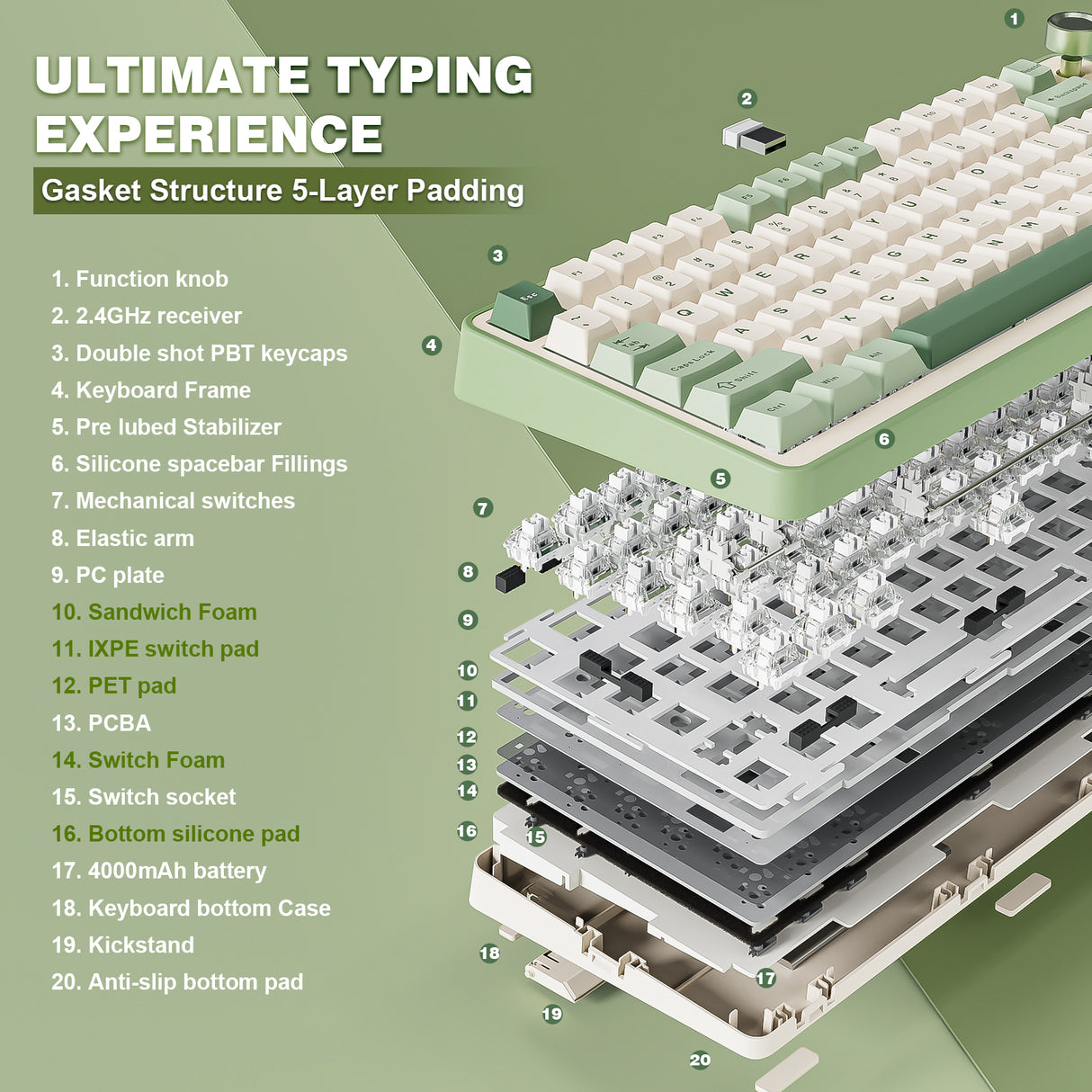 YUNZII B75 Pro Green Wireless Mechanical Keyboard