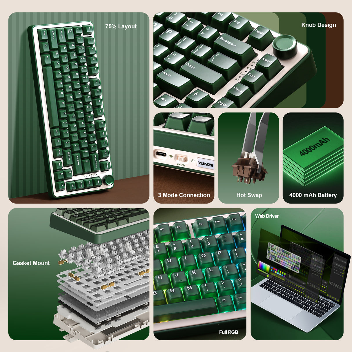 YUNZII B75 Pro Olive Green Wireless Mechanical Keyboard