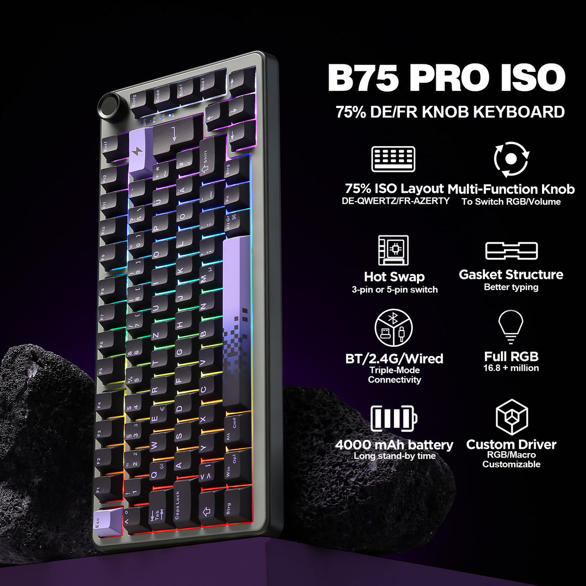 YUNZII B75 Pro DE&FR Wireless Mechanical Keyboard - ISO Layout