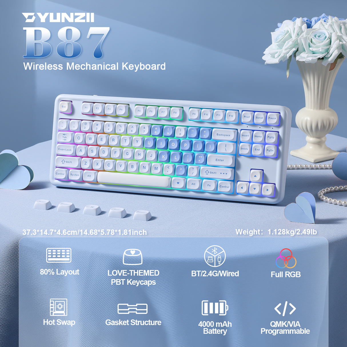 YUNZII B87 Blue Heart QMK/VIA Custom Mechanical Keyboard