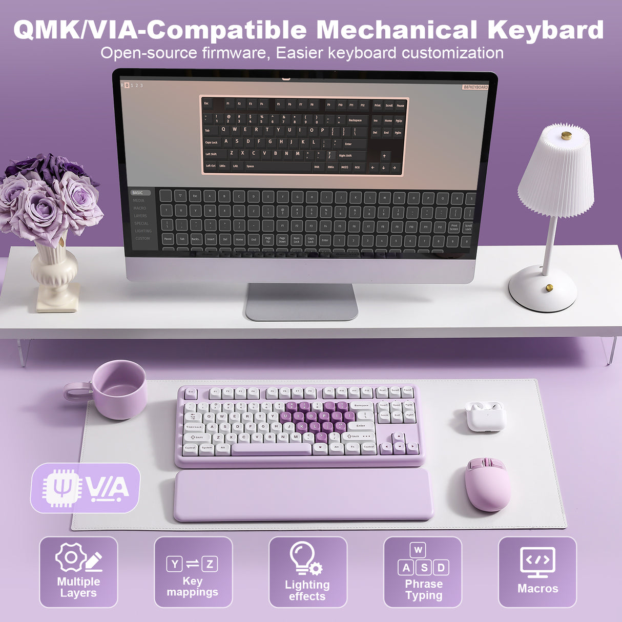 YUNZII B87 Purple Heart QMK/VIA Custom Mechanical Keyboard