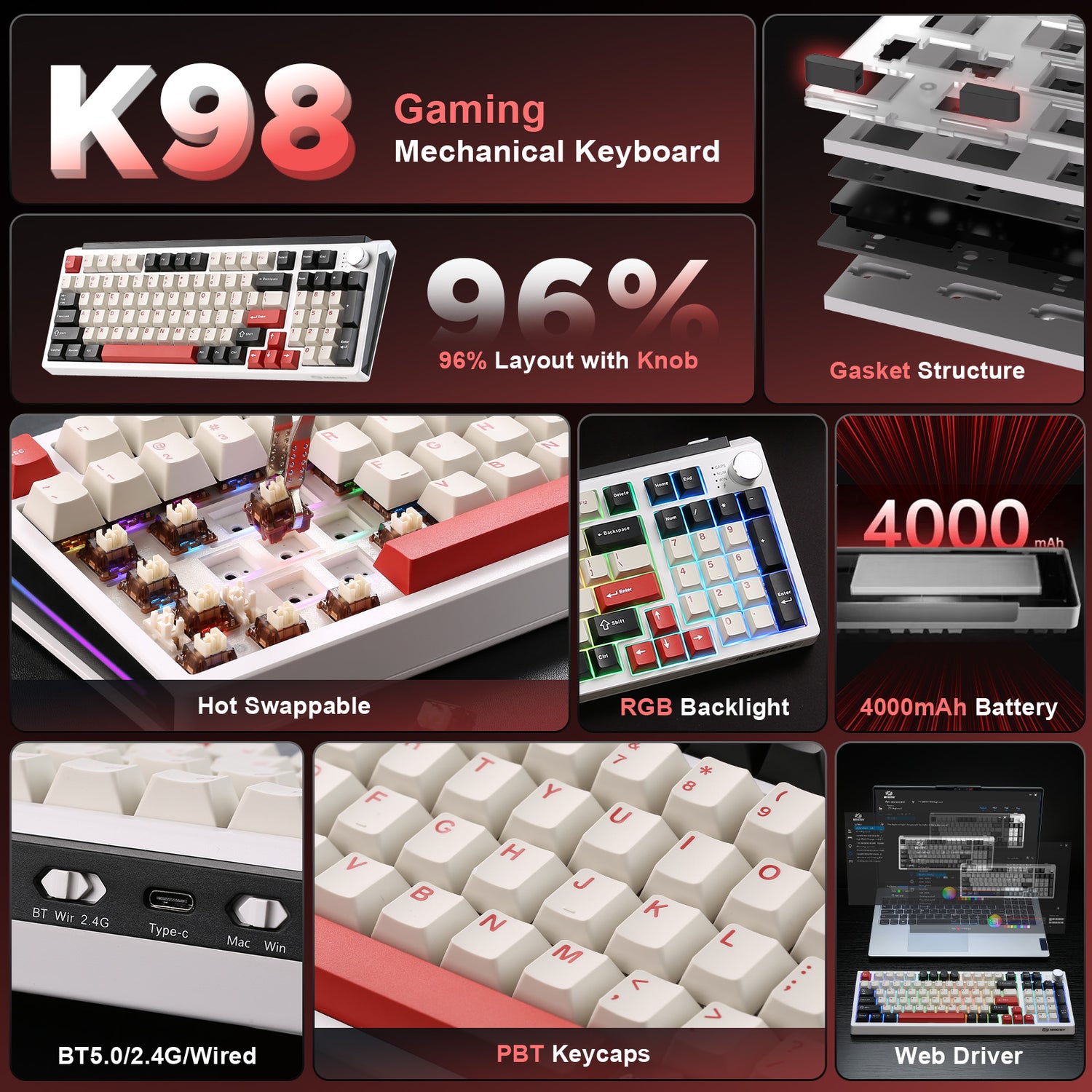 MIKIBY K98 Full-Size Wireless Mechanical Keyboard