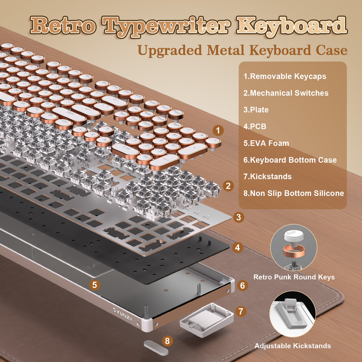YUNZII QL108 Full-Size Wired Typewriter Style Custom Mechanical Keyboard