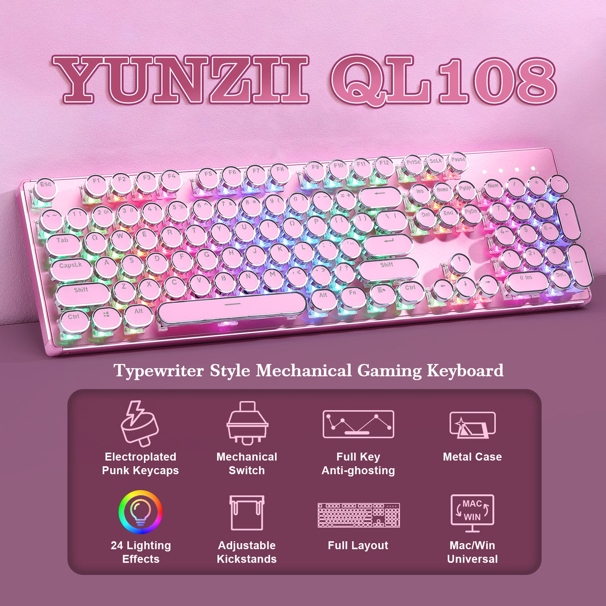 YUNZII QL108 Full-Size Wired Typewriter Style Custom Mechanical Keyboard