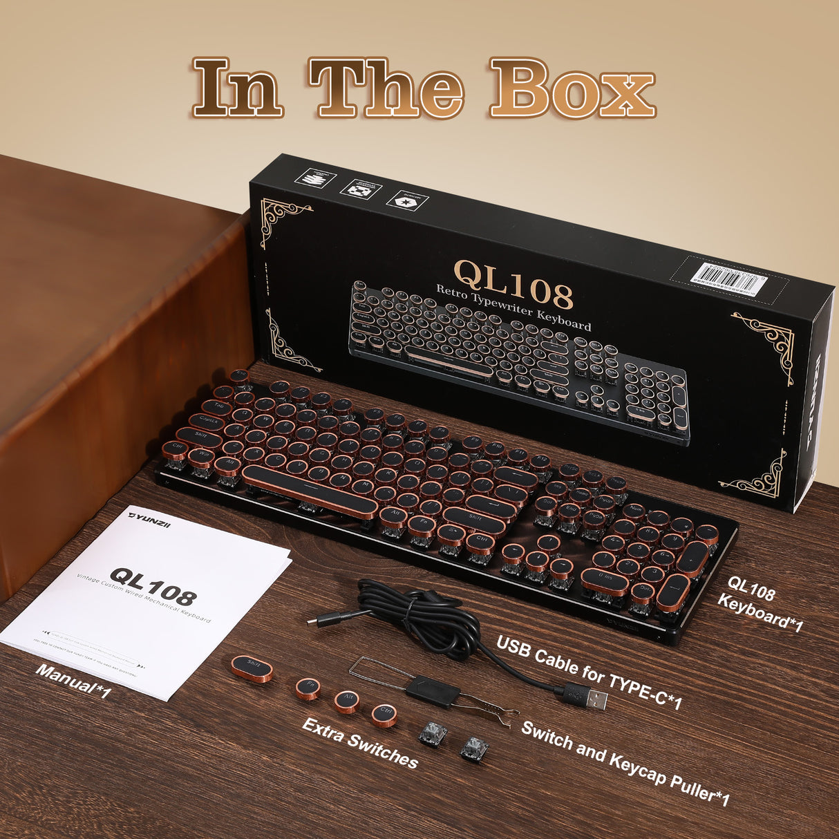 YUNZII QL108 Full-Size Wired Typewriter Style Custom Mechanical Keyboard