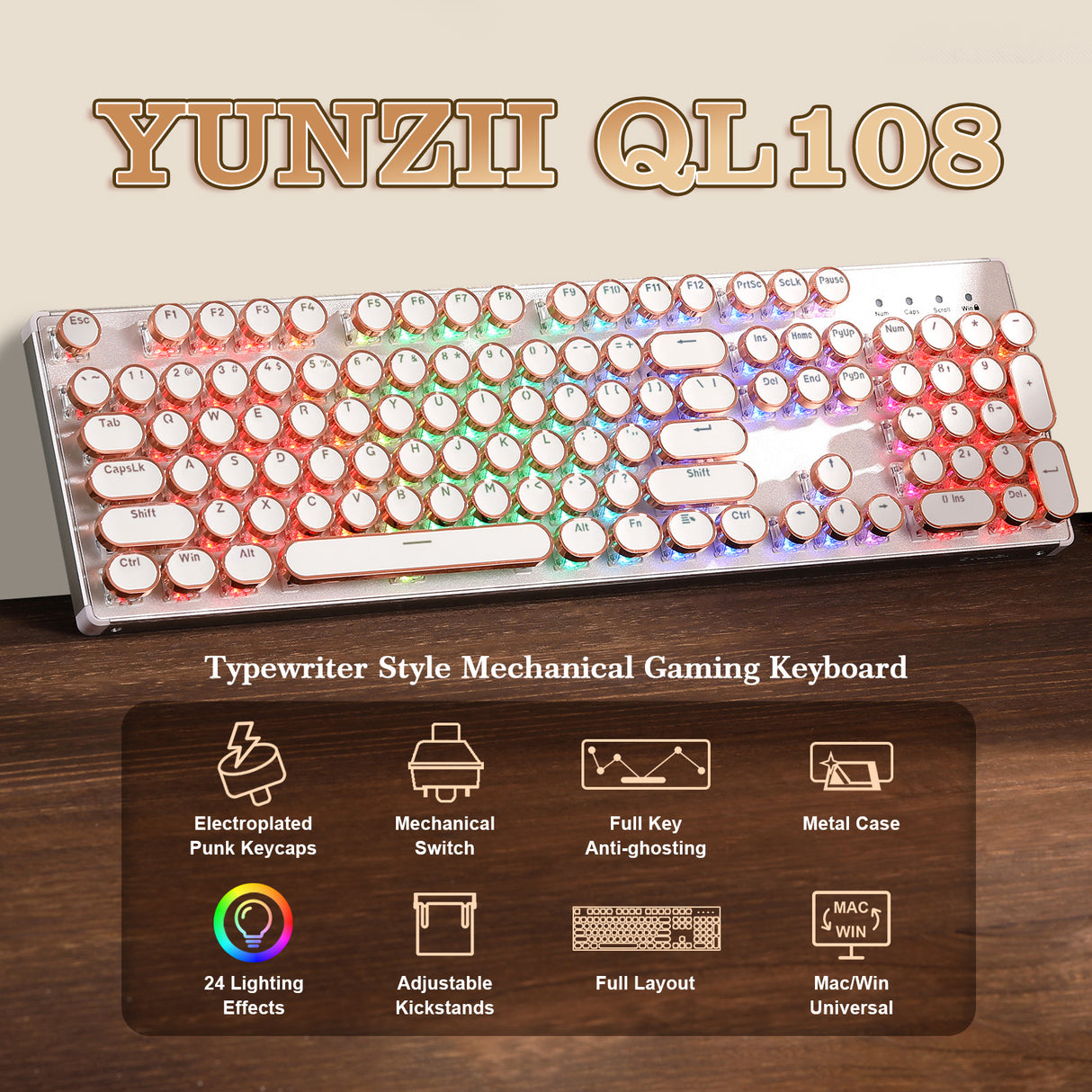 YUNZII QL108 Full-Size Wired Typewriter Style Custom Mechanical Keyboard