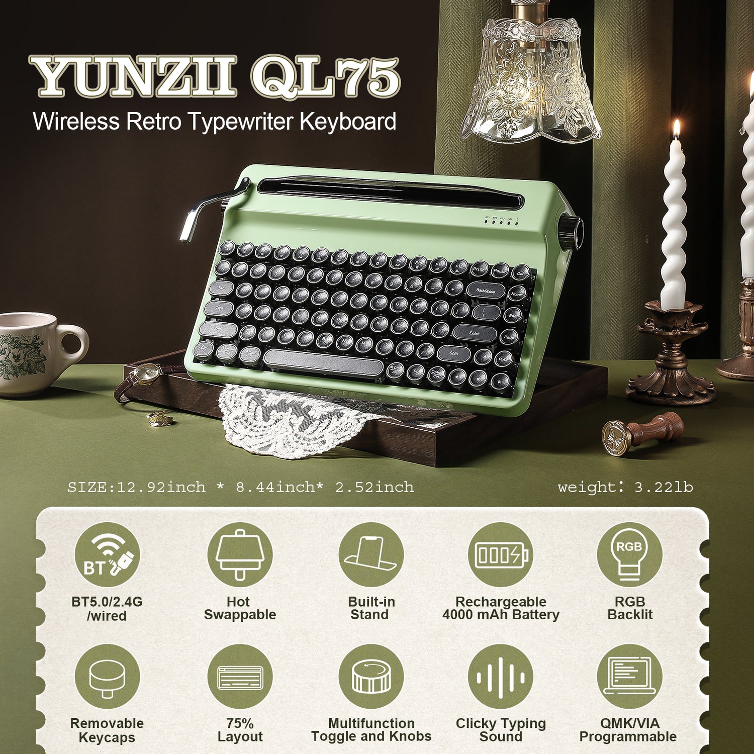 YUNZII QL75 Retro Typewriter QMK/VIA Mechanical Keyboard