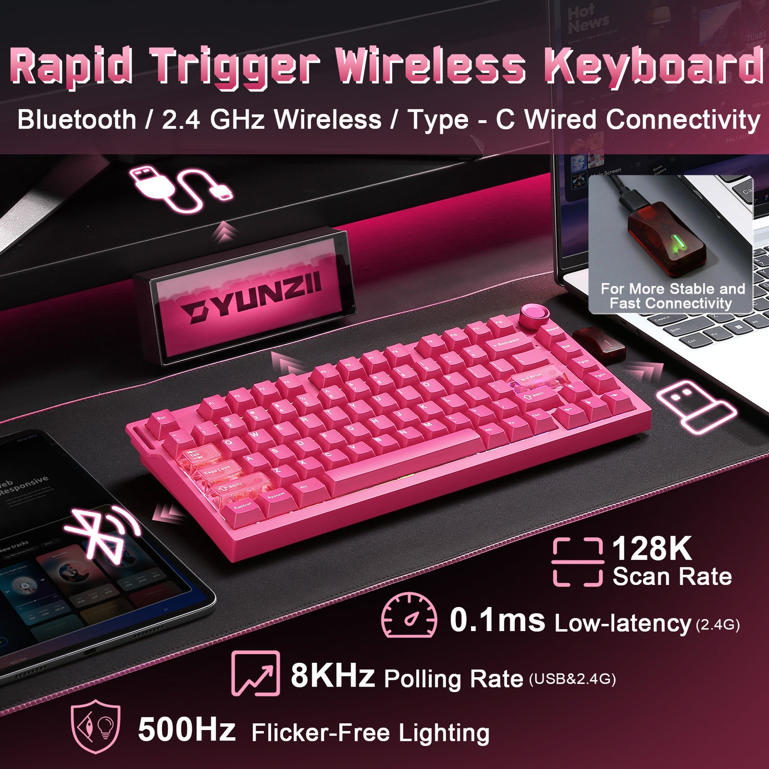 YUNZII RT75 PRO Dual-8K Rapid Trigger Wireless Gaming Magnetic Keyboard