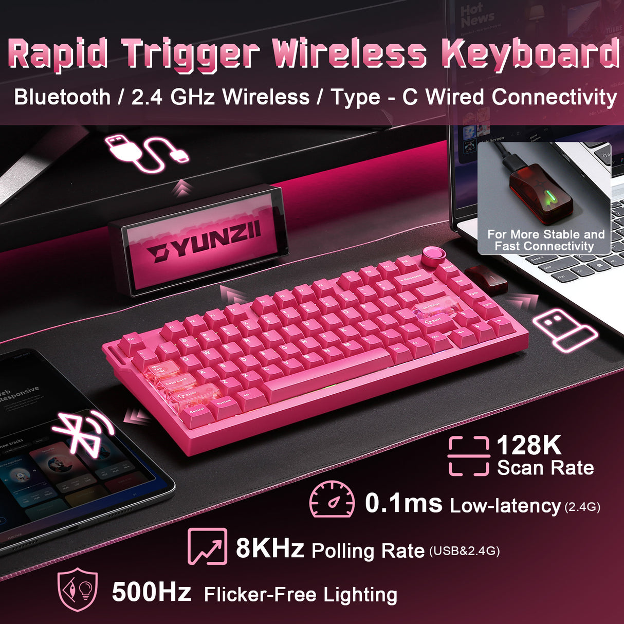 YUNZII RT75 PRO Dual-8K Rapid Trigger Wireless Gaming Magnetic Keyboard