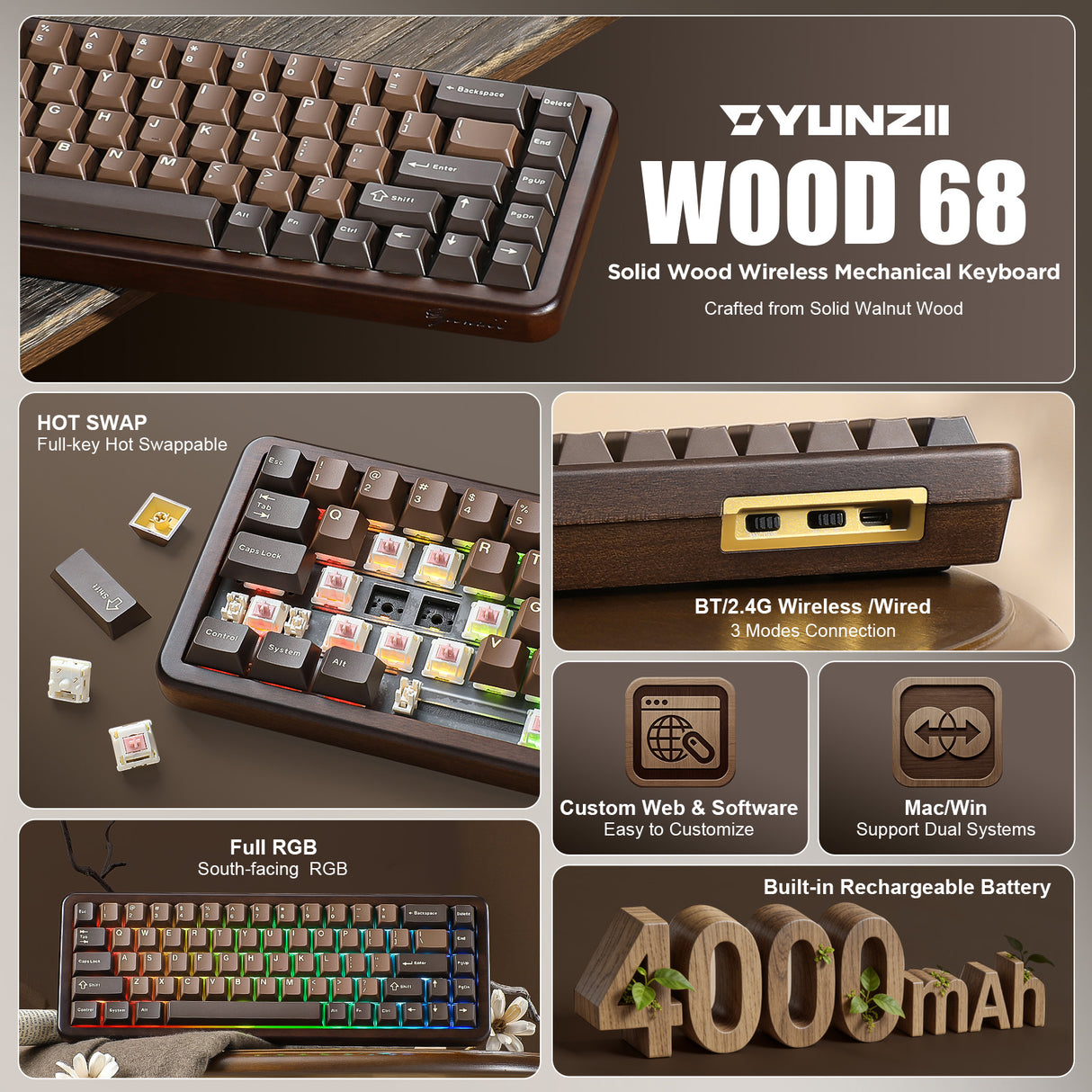 YUNZII WOOD68 Wireless Mechanical Keyboard