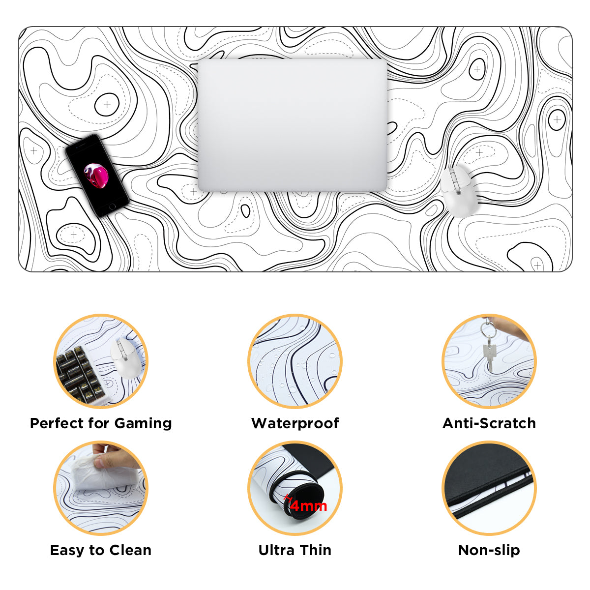 YUNZII Desk Pad Mouse Mat - White Topographic