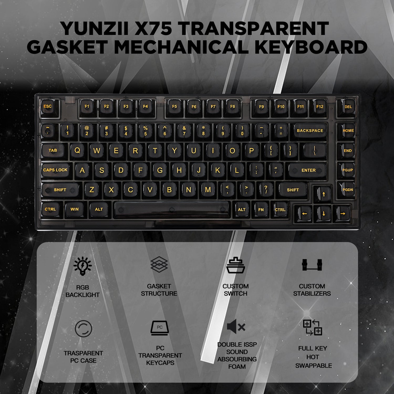 YUNZII X75 82 Keys Wired Hot Swappable Gasket Transparent Mechanical K