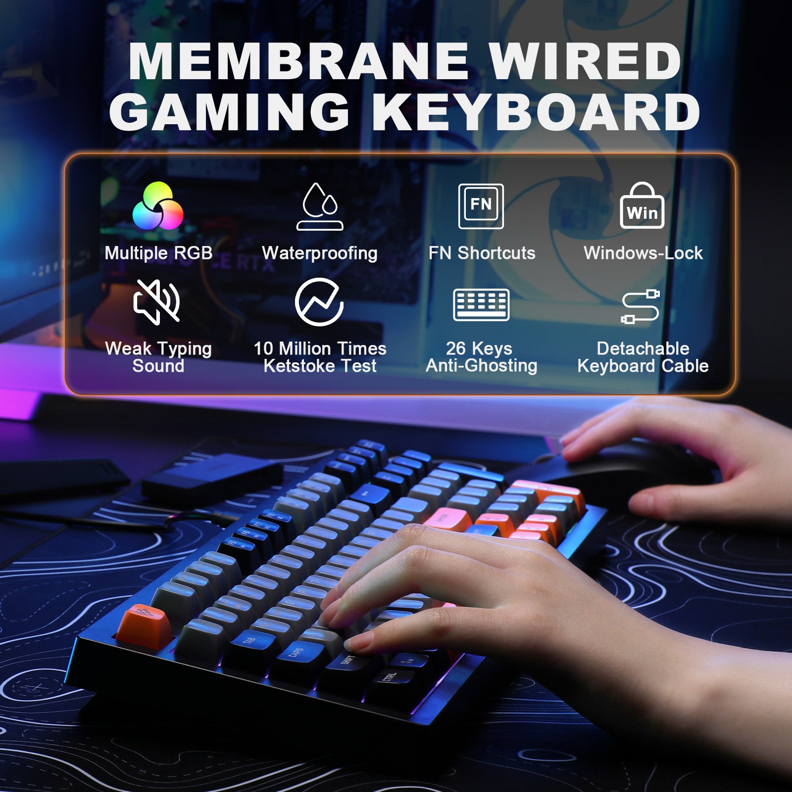 YUNZII D98 Black Wired RGB Membrane Keyboard keyboard image