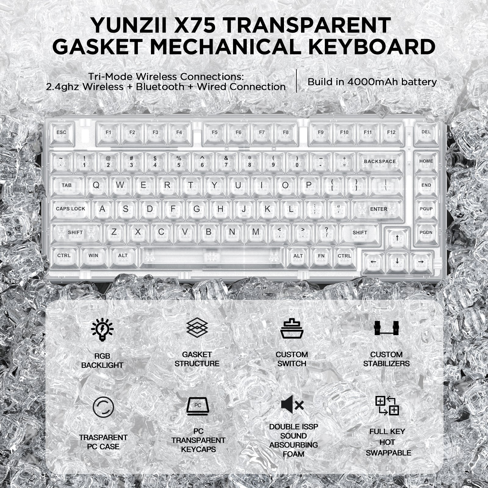 YUNZII X75 PRO 82 Key Wireless Hot Swappable Gasket Transparent