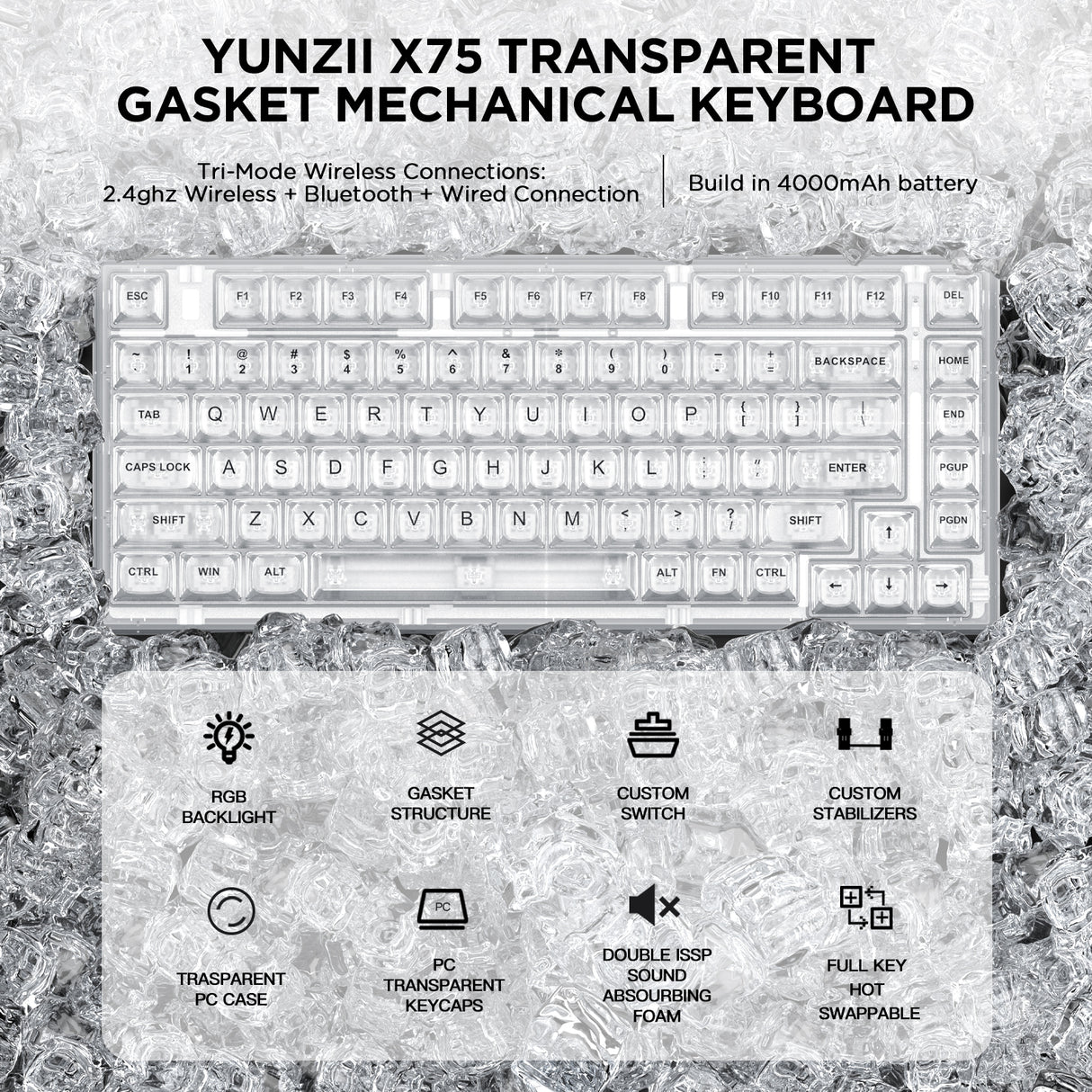 YUNZII X75 PRO 82 Key Wireless Hot Swappable Gasket Transparent Mechanical Keyboard