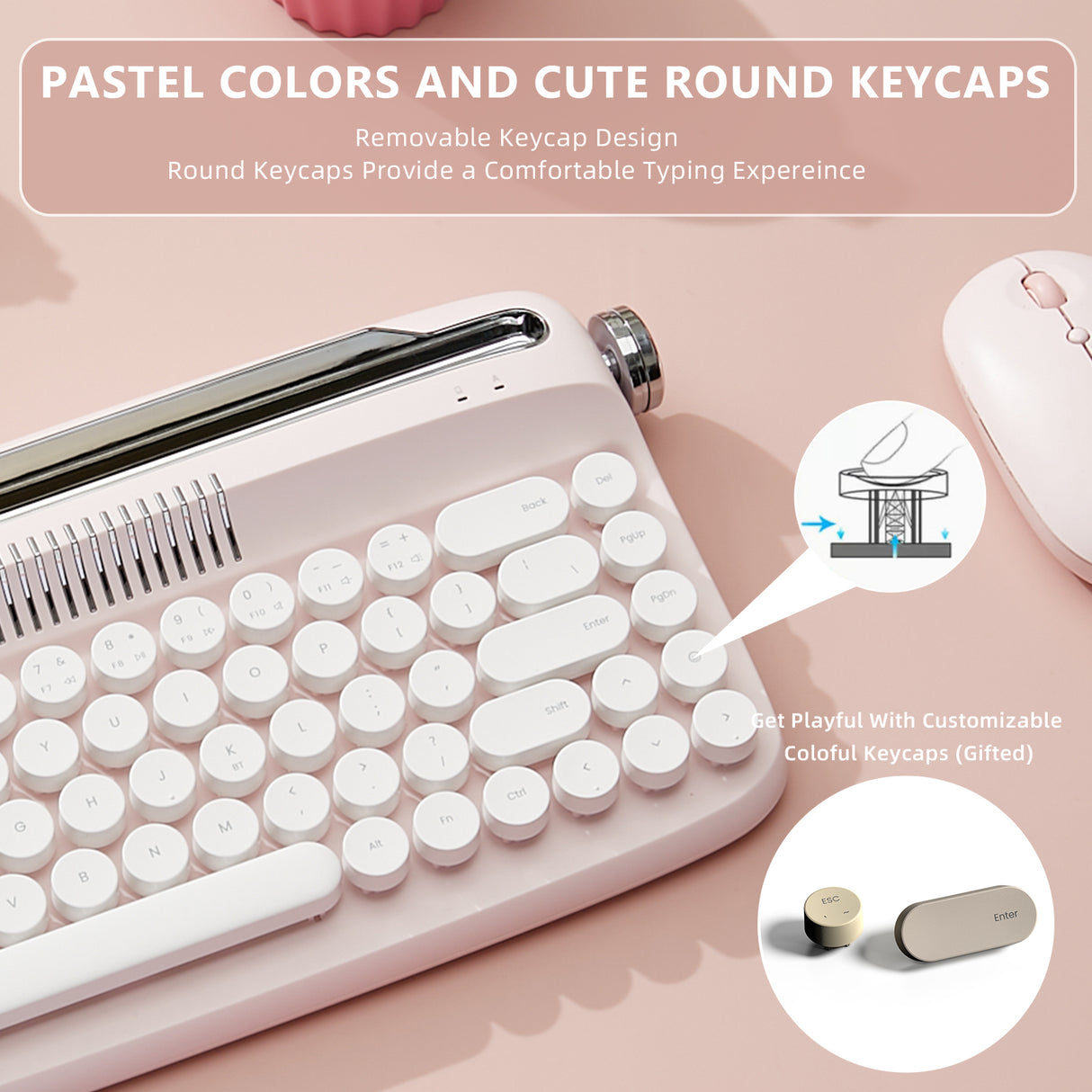 YUNZII ACTTO B307 Baby Pink Upgraded Rechargeable Wireless Retro Typewriter Keyboard