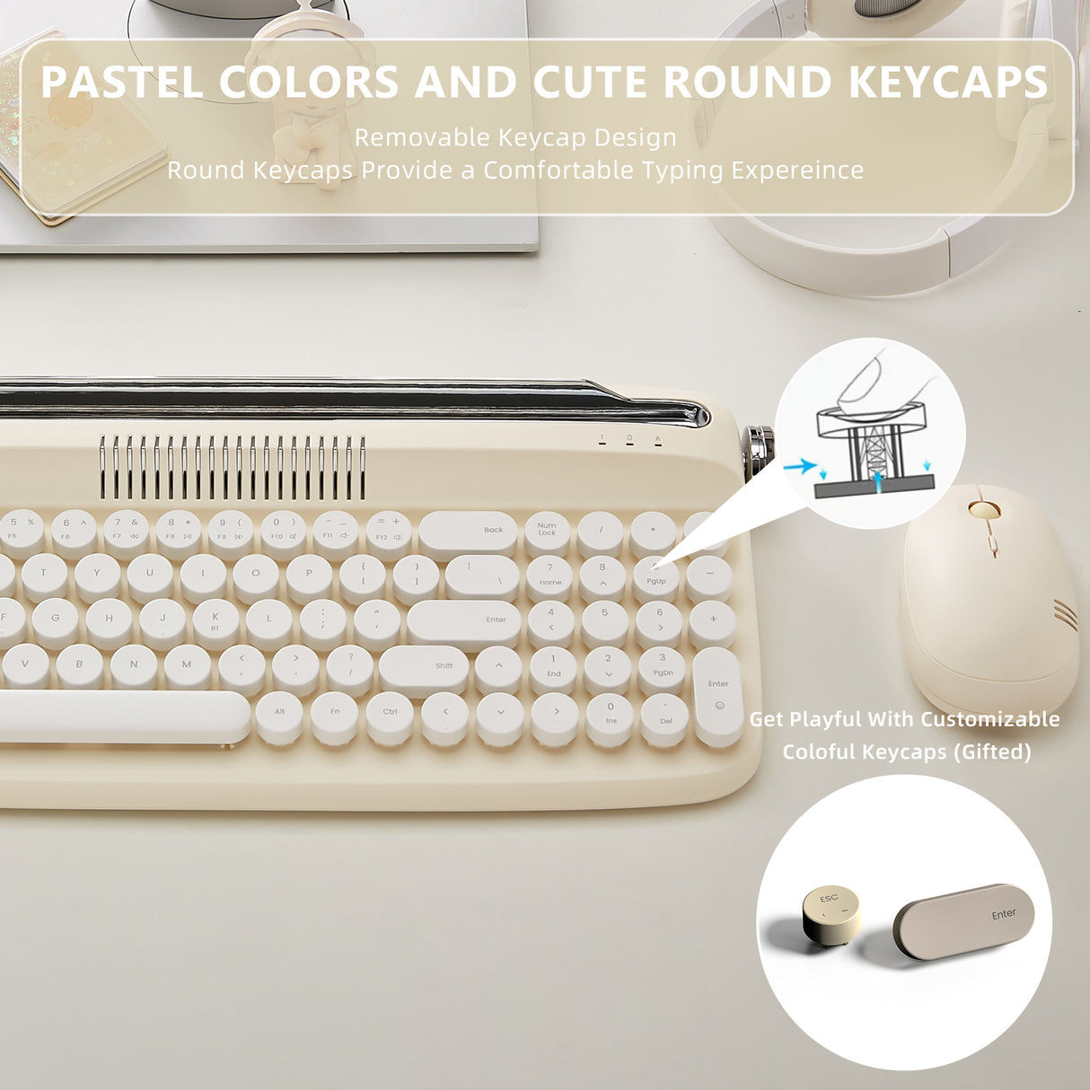 YUNZII ACTTO B309 Ivory Butter Upgraded Rechargeable Wireless Retro Typewriter Keyboard