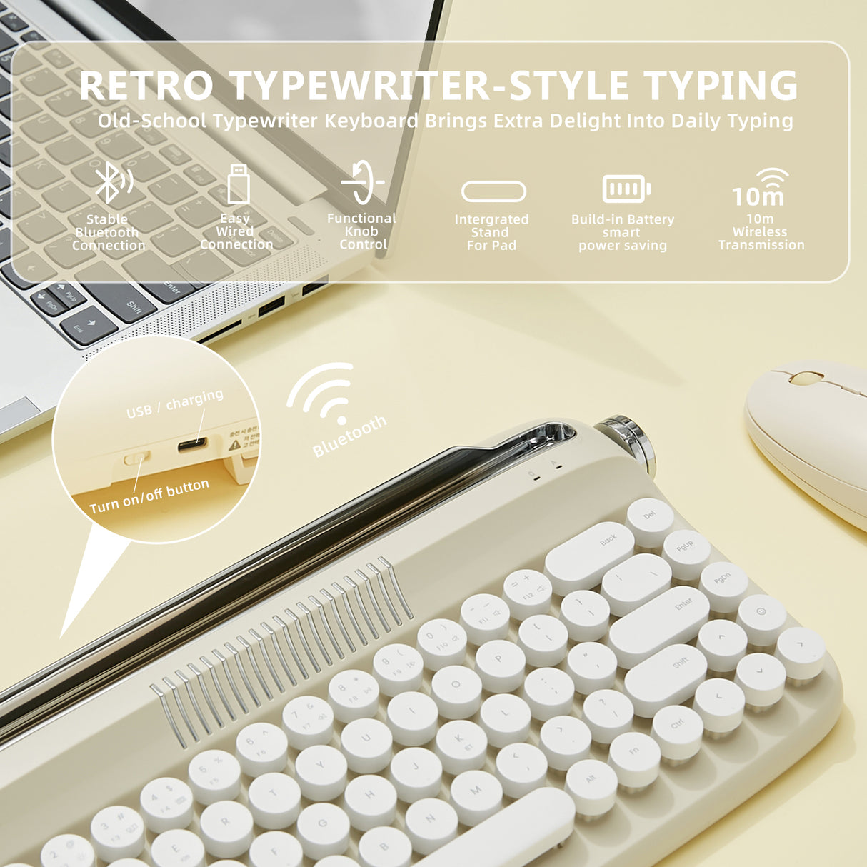 YUNZII ACTTO B307 Sand Beige Upgraded Rechargeable Wireless Retro Typewriter Keyboard