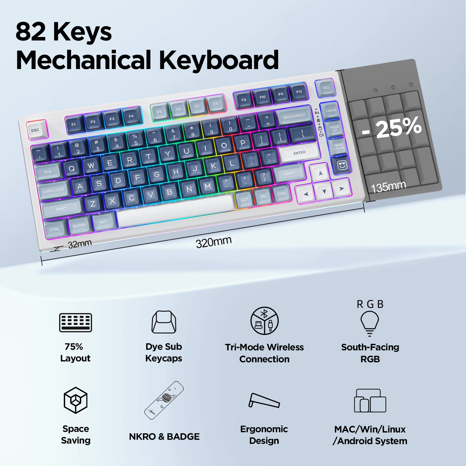 YUNZII YZ75 Pro Blue Wireless Mechanical Keyboard