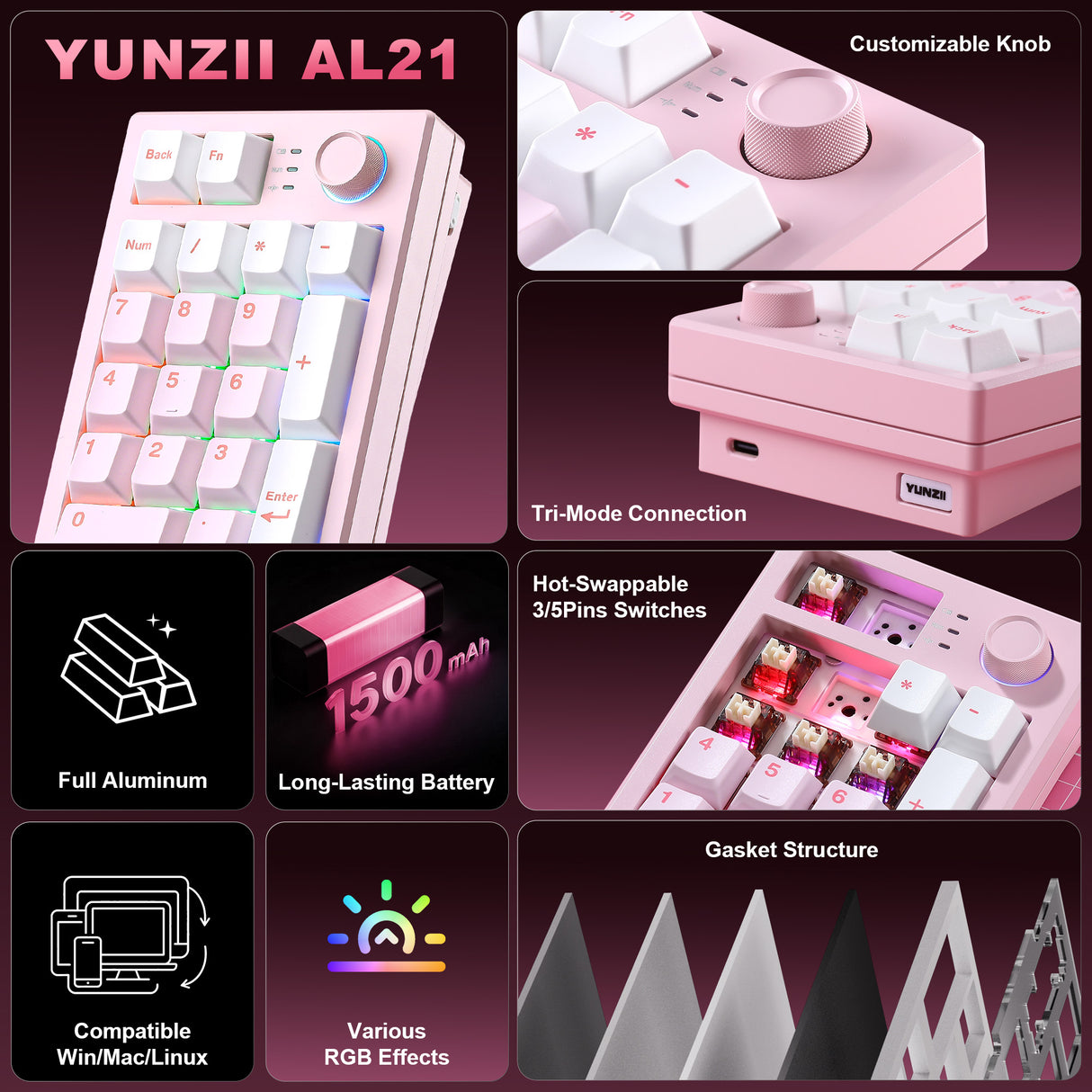 YUNZII AL21 Wireless Aluminum Mechanical Numpad Keyboard