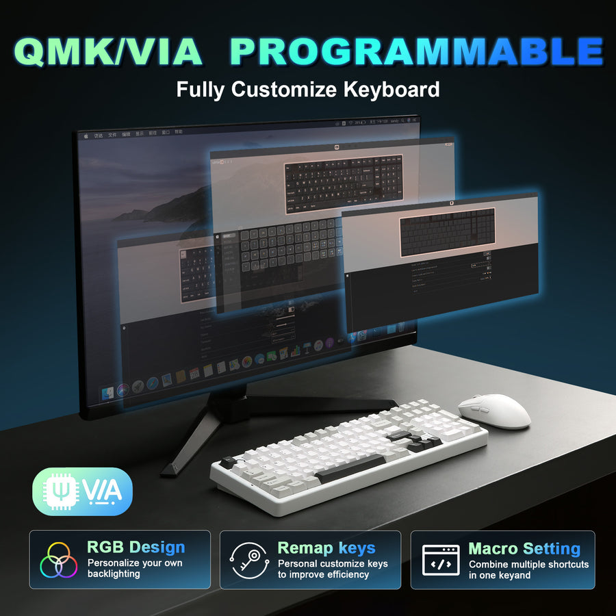 YUNZII X98 QMK/VIA Draadloos mechanisch gamingtoetsenbord met knop, Tri-Mode BT5.0/USB-C/2,4 GHz hot swappable toetsenbord, vooraf gesmeerde schakelaars, pakkingmontage (Wit, Snow Switch YUNZII X98 QMK/VIA Draadloos mechanisch gamingtoetsenbord met knop, Tri-Mode BT5.0/USB-C/2,4 GHz hot swappable toetsenbord, vooraf gesmeerde schakelaars, pakkingmontage (Wit, Snow Switch