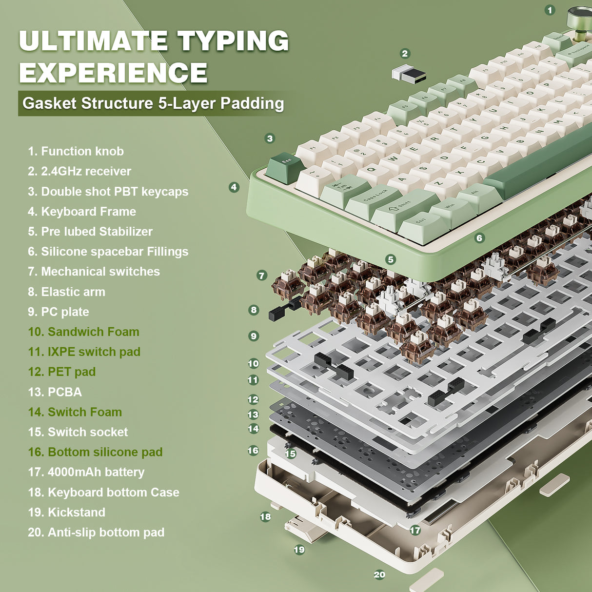 YUNZII B75 Pro Green Wireless Mechanical Keyboard