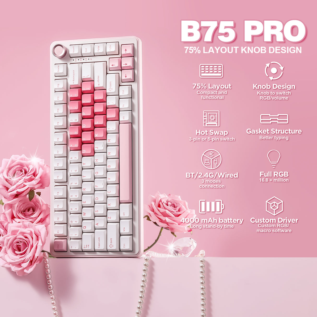 YUNZII B75 Pro White Heart Wireless Mechanical Keyboard