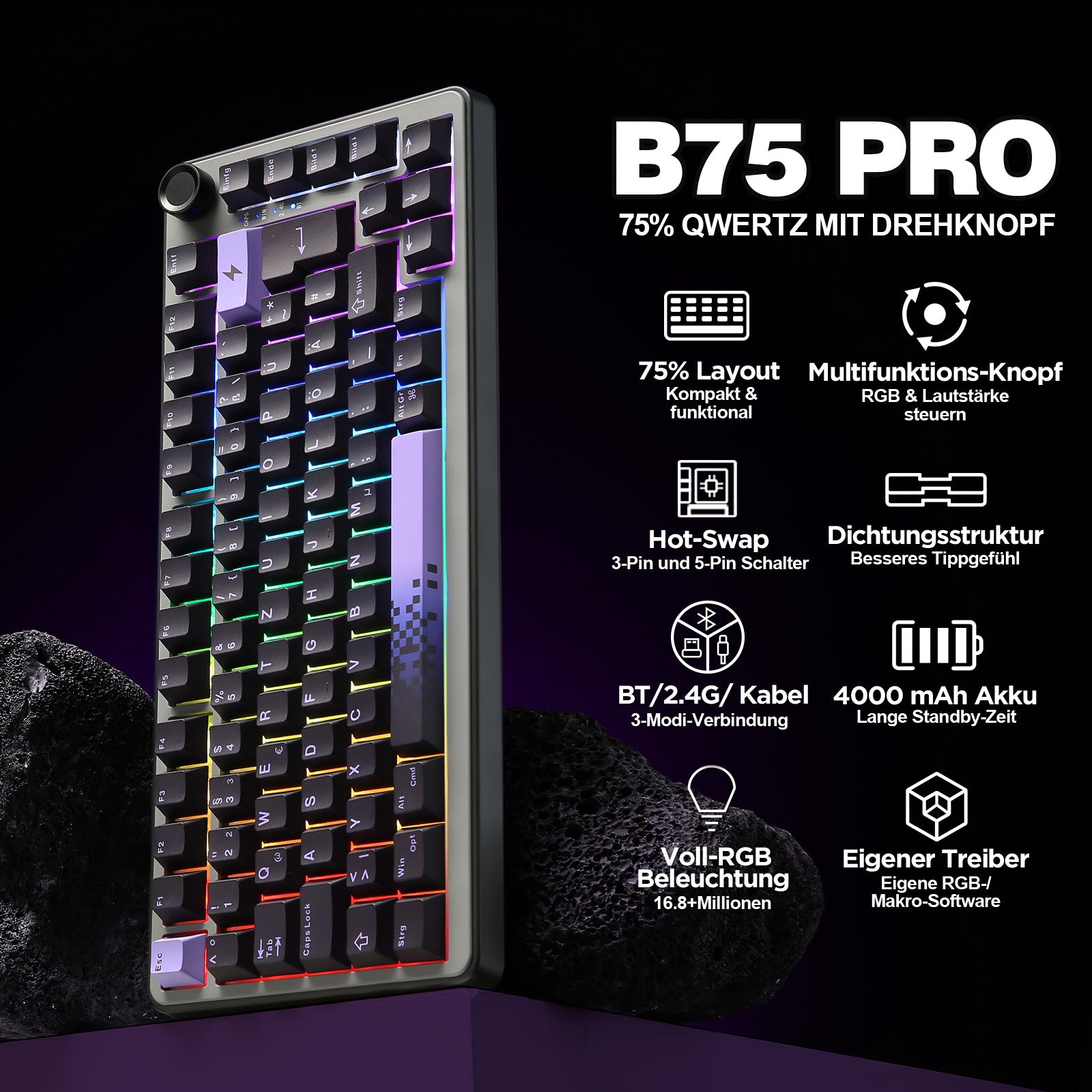 YUNZII B75 Pro Wireless Mechanical Keyboard - ISO Layout keyboard image