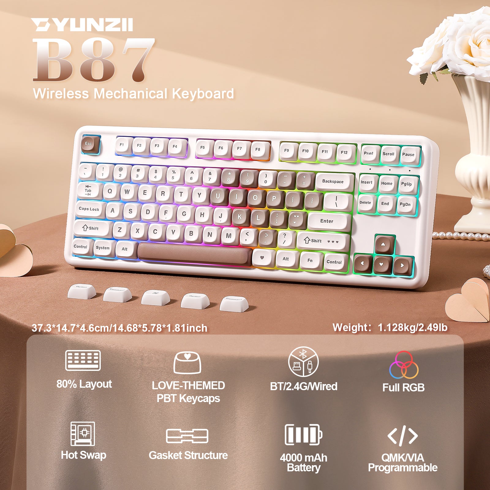 YUNZII B87 Brown Heart QMK/VIA Custom Mechanical Keyboard keyboard image