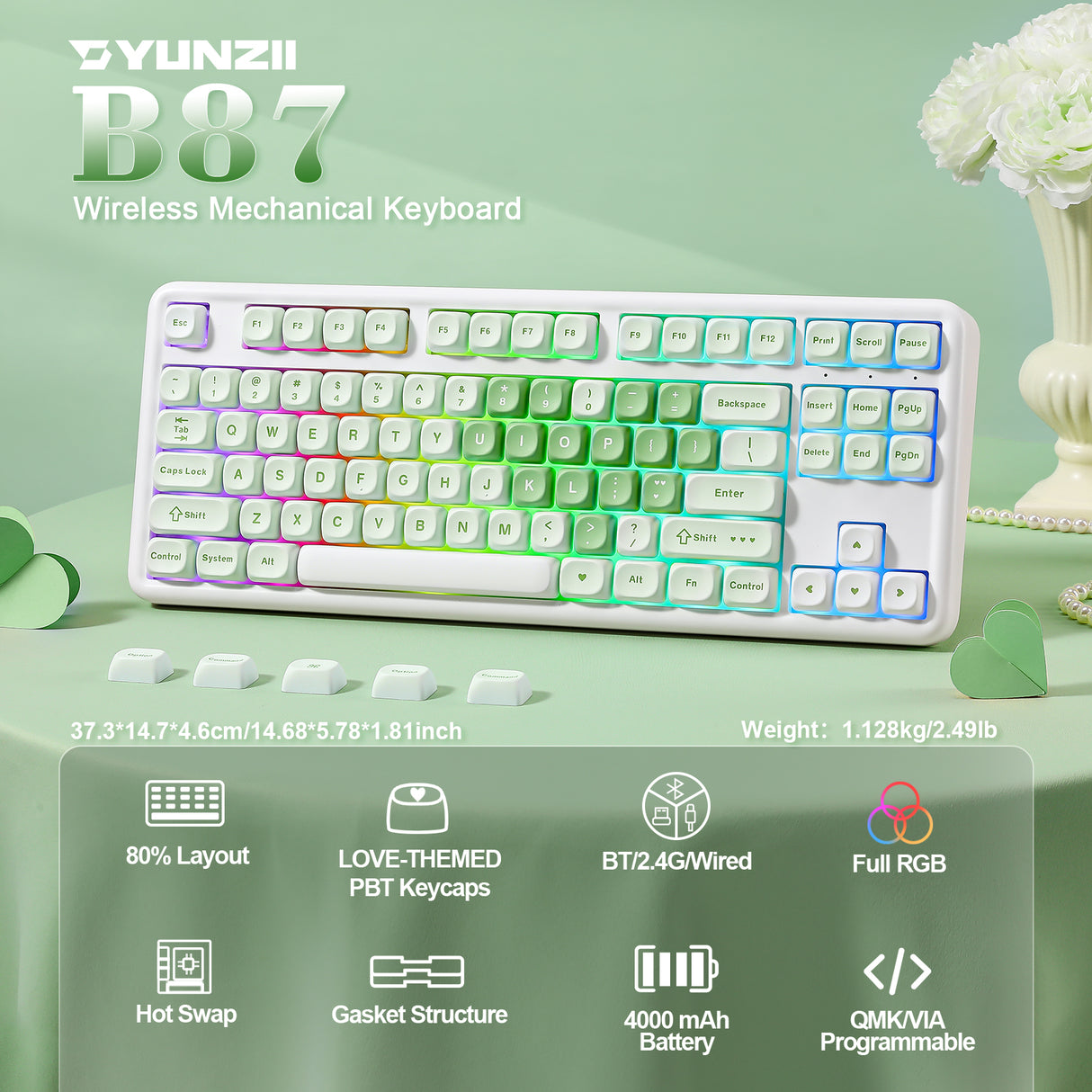 YUNZII B87 Matcha Heart QMK/VIA Custom Mechanical Keyboard