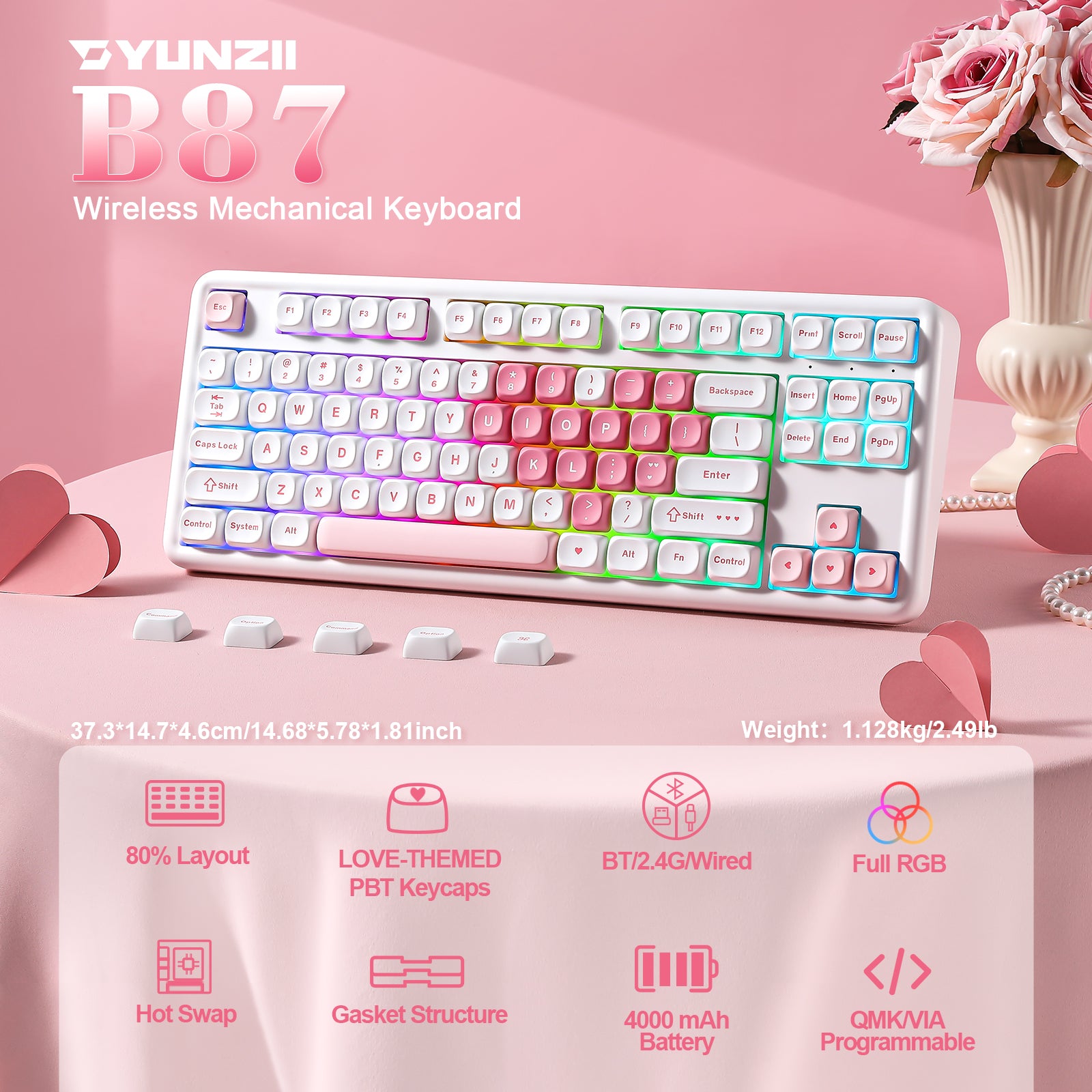 YUNZII B87 White Heart QMK/VIA Custom Mechanical Keyboard keyboard image