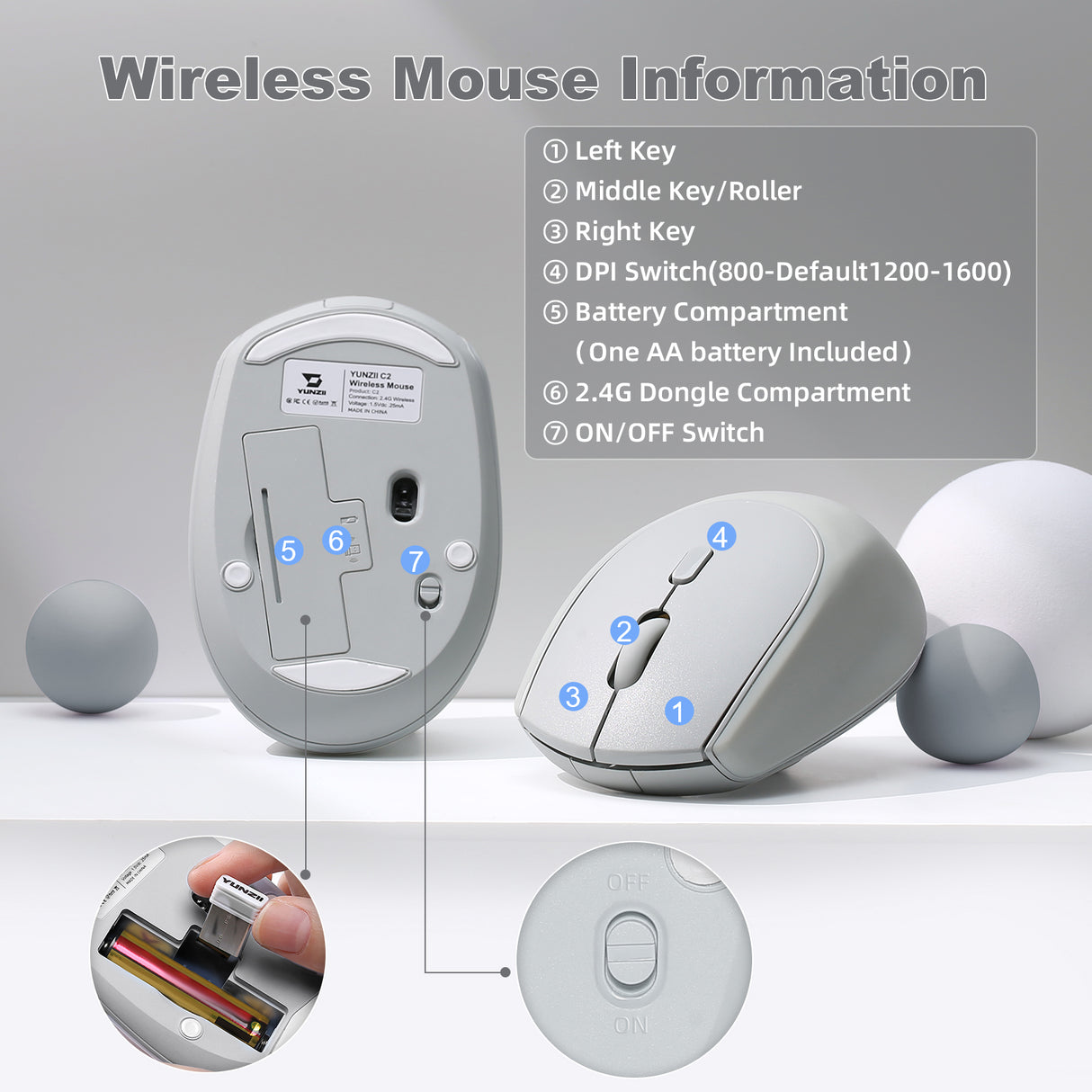 YUNZII C2 Silent Silicone Wireless Gaming Mouse