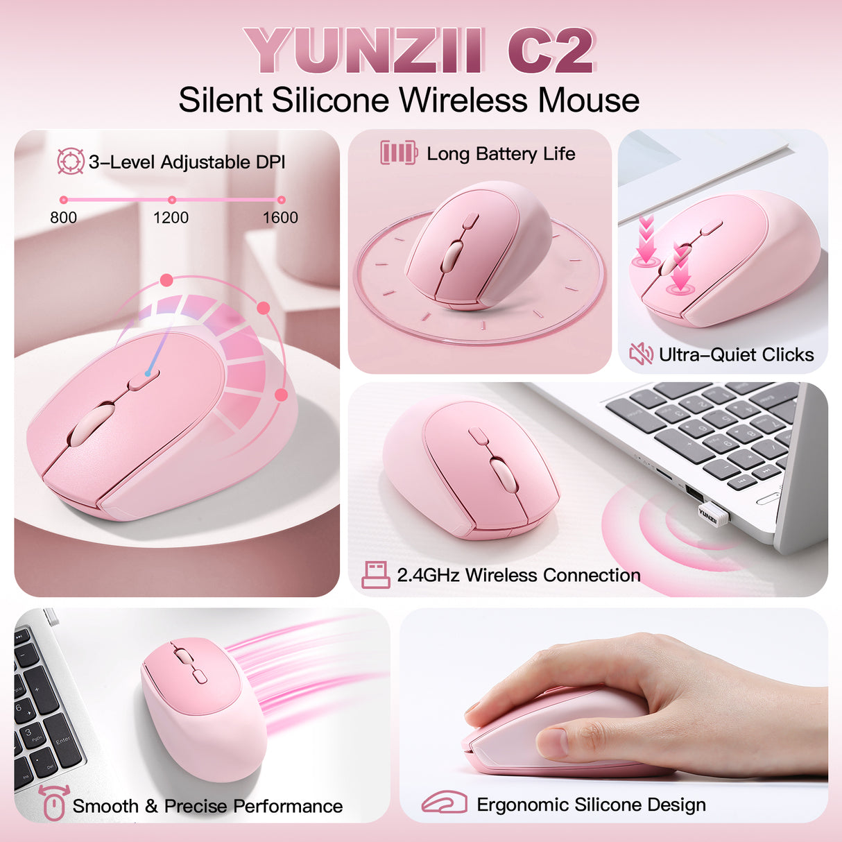 YUNZII C2 Silent Silicone Wireless Gaming Mouse