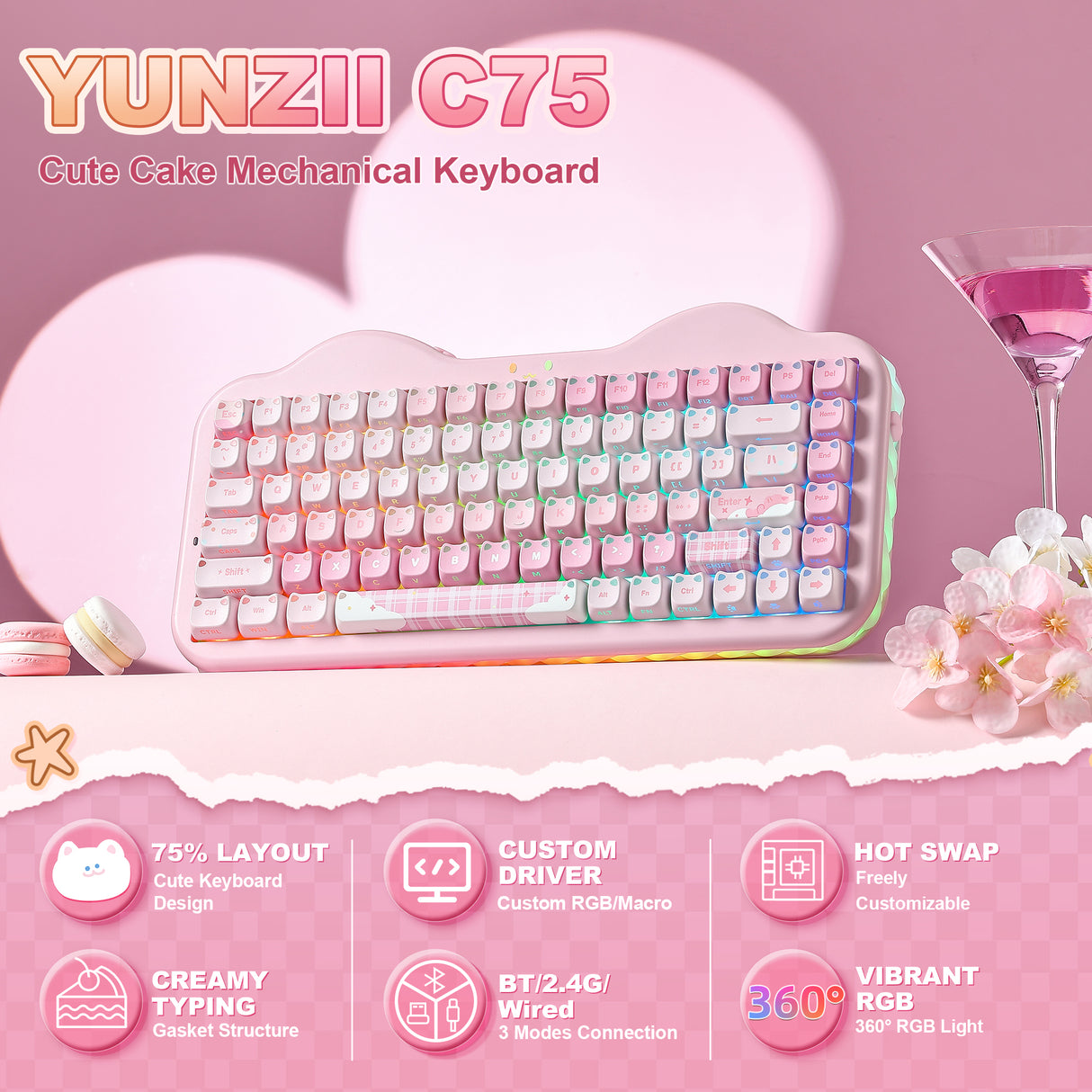 YUNZII C75 MAO Cake Kitten Wireless Mechanical Keyboard