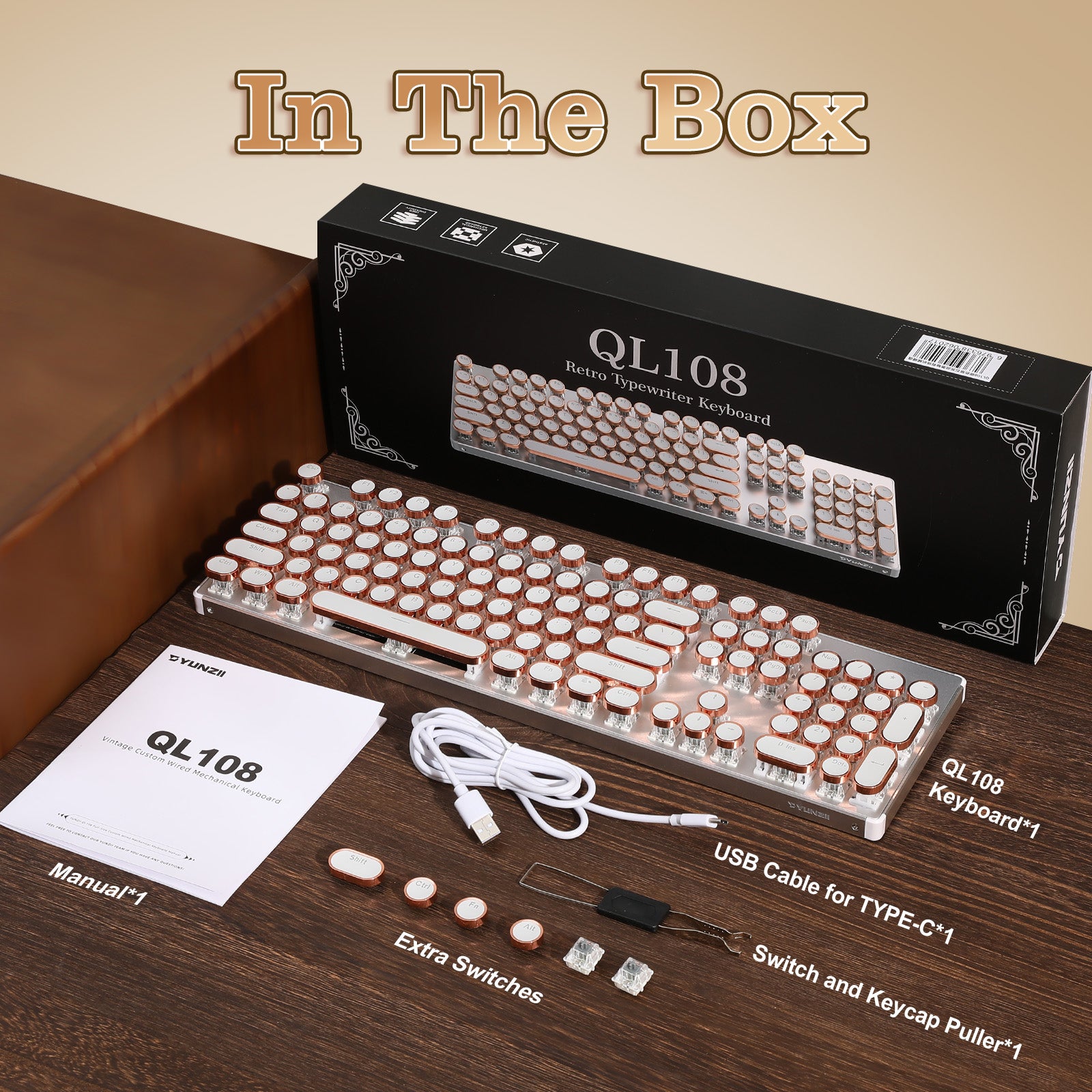 YUNZII QL108 Full-Size Wired Typewriter Style Custom Mechanical