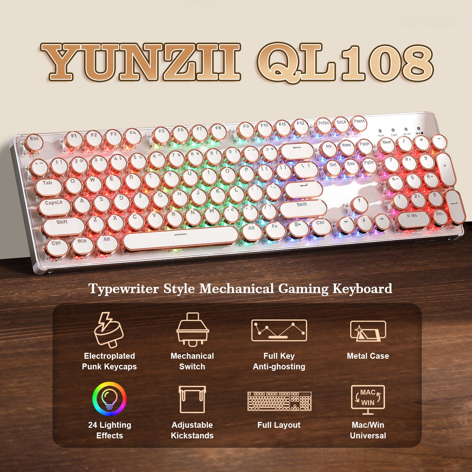 YUNZII QL108 Full-Size Wired Typewriter Style Custom Mechanical Keyboard keyboard image