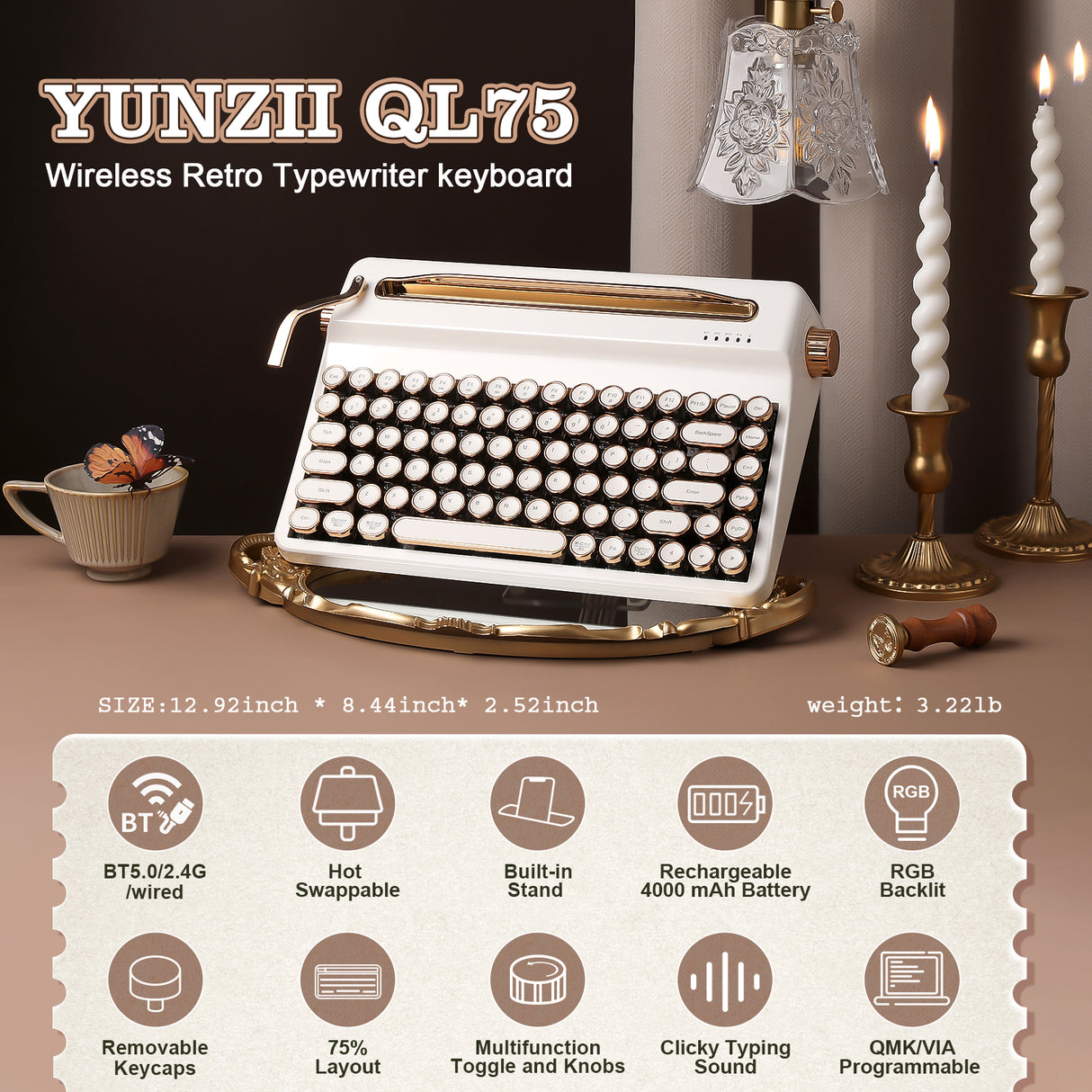 PRE-ORDER YUNZII QL75 Vintage Retro Typewriter QMK/VIA Mechanical Keyboard