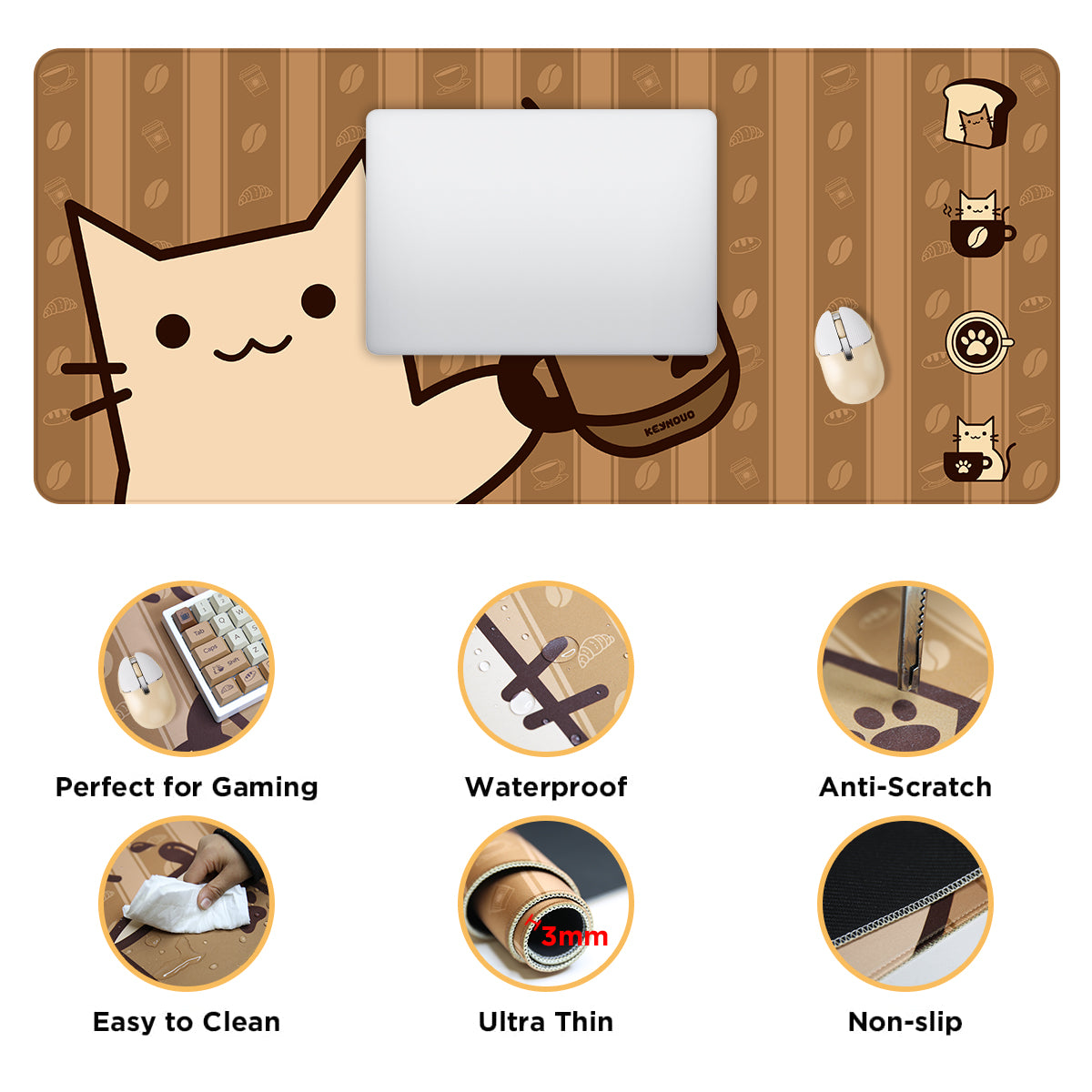 YUNZII Keynovo Mouse Mat Desk Pad- - Coffee Cat